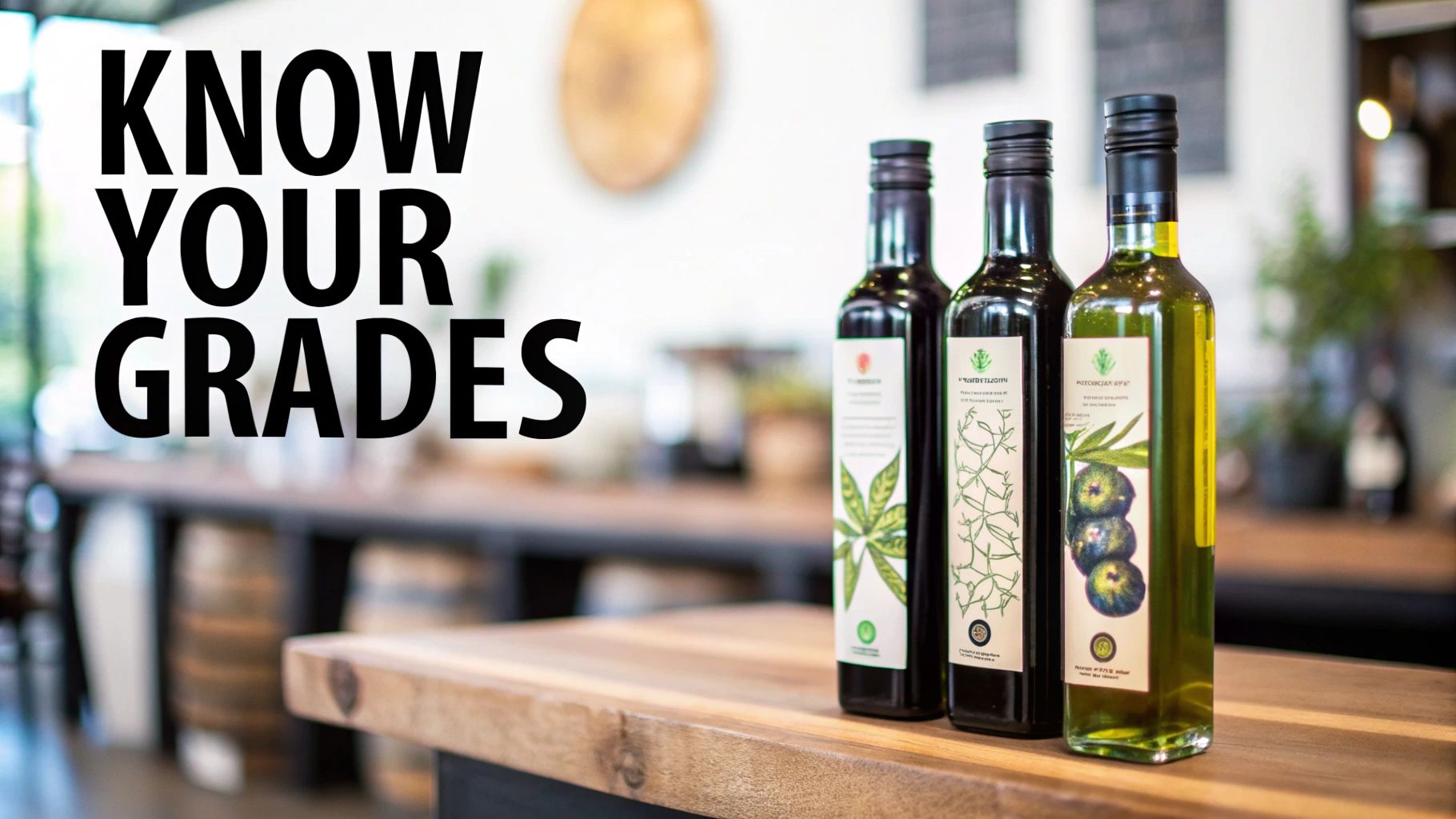 Three bottles of different grade olive oils displayed on wooden counter in kitchen