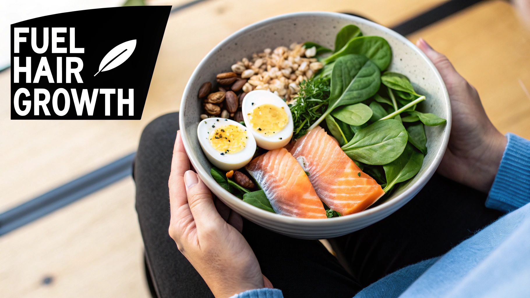 Nutritious bowl with salmon, eggs, spinach, and grains for promoting healthy hair growth