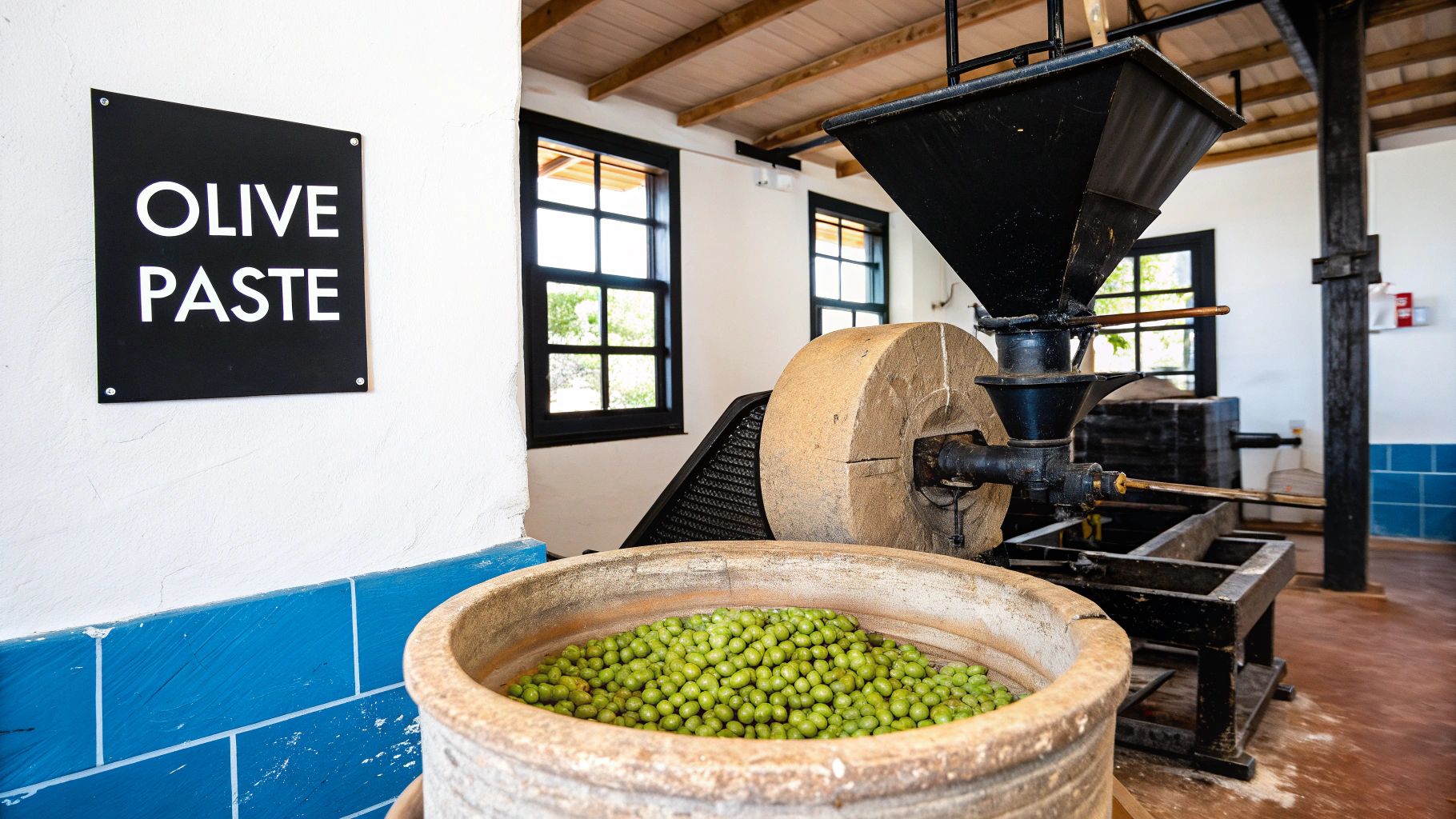 An antique olive oil mill with a stone vat full of green olives and an 'OLIVE PASTE' sign.