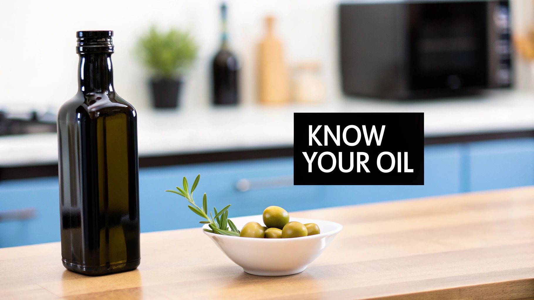 A bottle of extra virgin cold pressed organic olive oil surrounded by fresh olives on a rustic wooden surface.