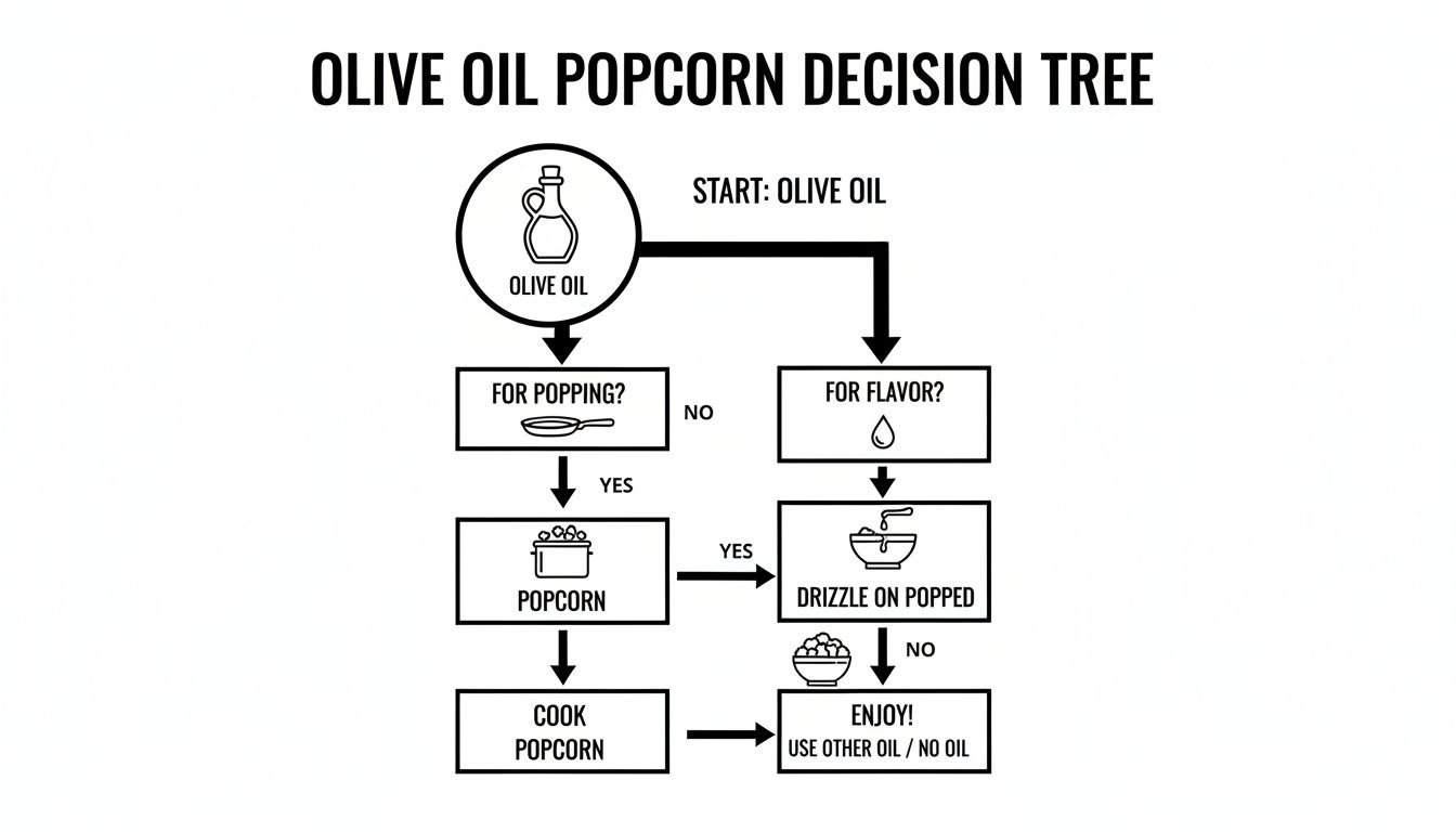 A decision tree flow chart illustrating how to use olive oil for popcorn, covering popping and flavoring options.