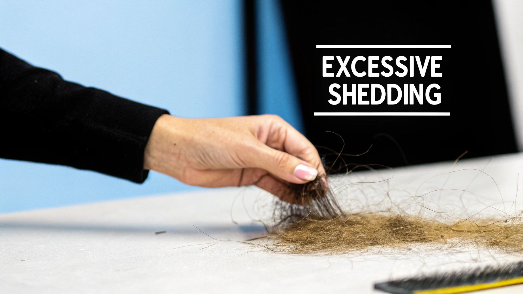 Man looking closely at his hair, noticing subtle changes.