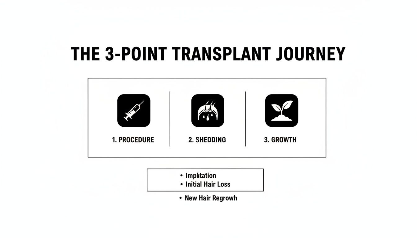 A diagram illustrating the three-point hair transplant journey: procedure, shedding, and growth phases.