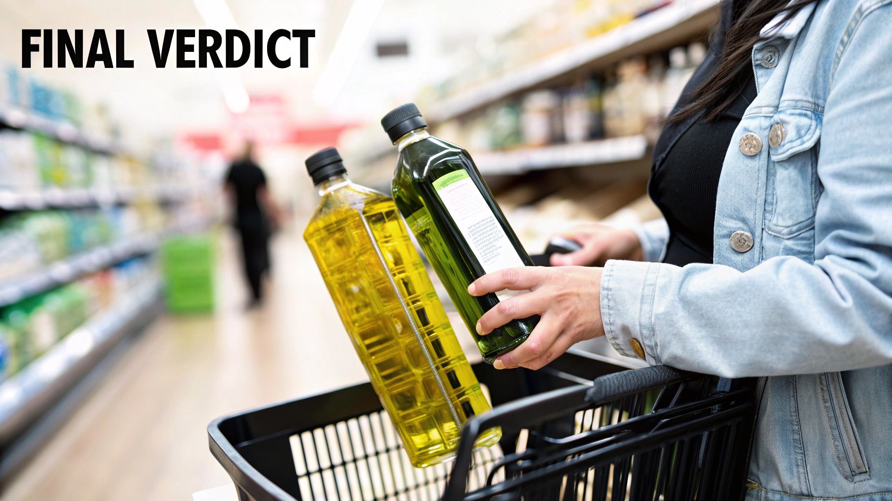 A person places two bottles of olive oil into a shopping cart in a supermarket aisle.