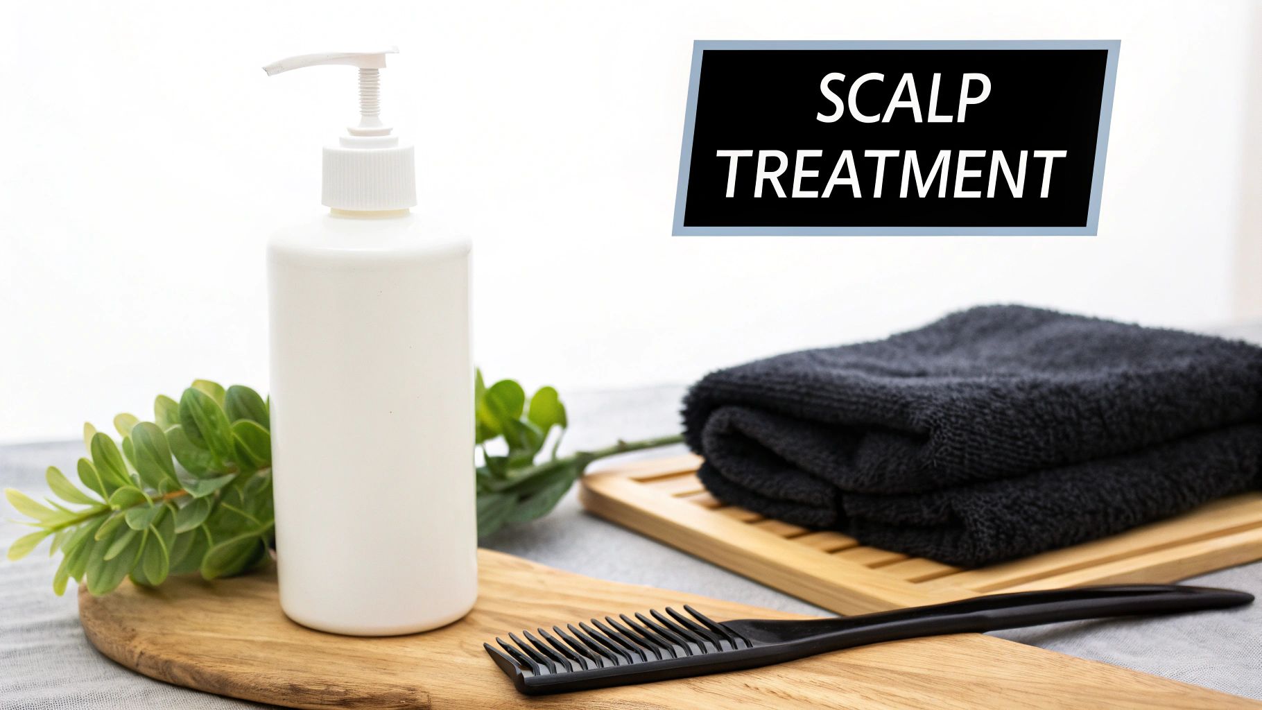 Essentials for scalp treatment: white pump bottle, black comb, green plant, and dark towels on a wooden board.