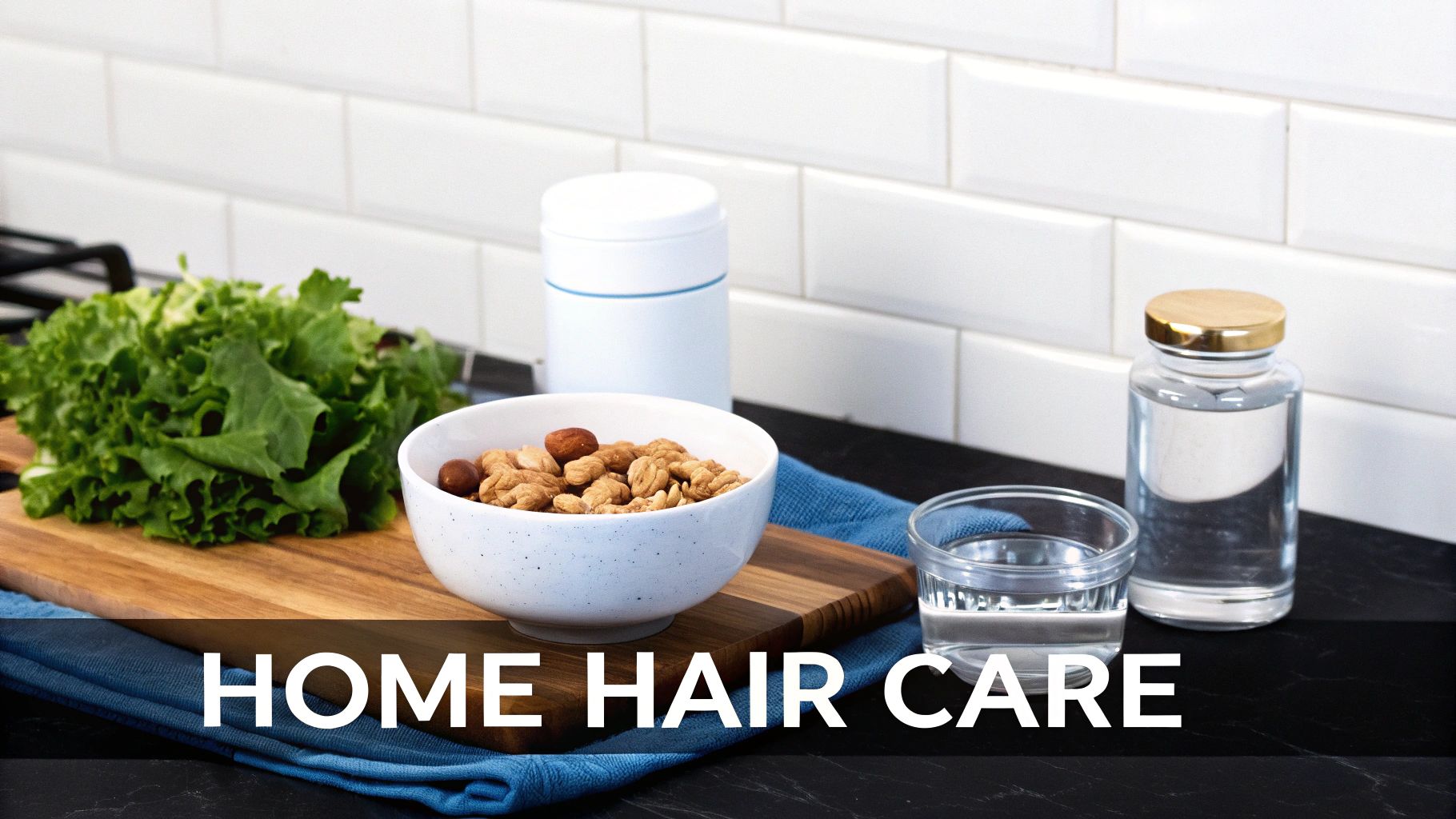 Various natural ingredients like nuts, lettuce, and water for home hair care remedies on a kitchen counter.