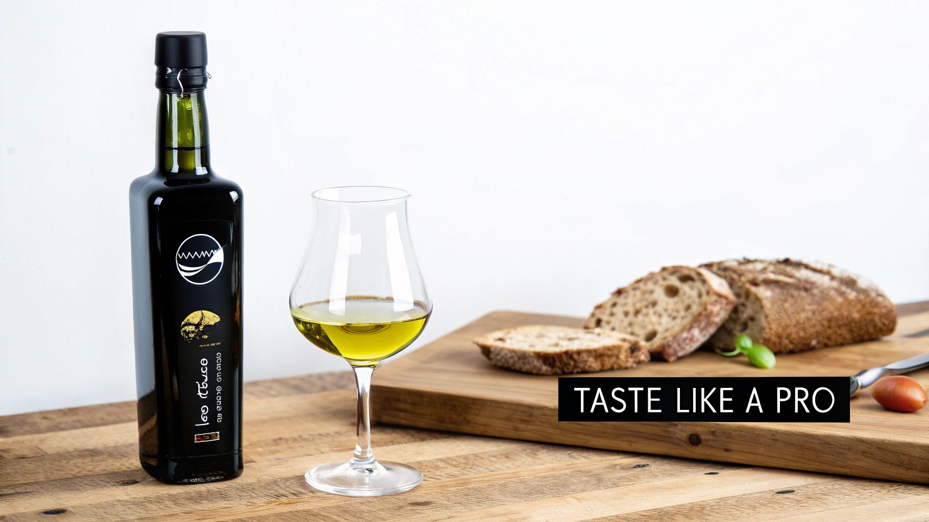 A black bottle of olive oil, a glass of olive oil, and sliced rustic bread on a wooden board for tasting.