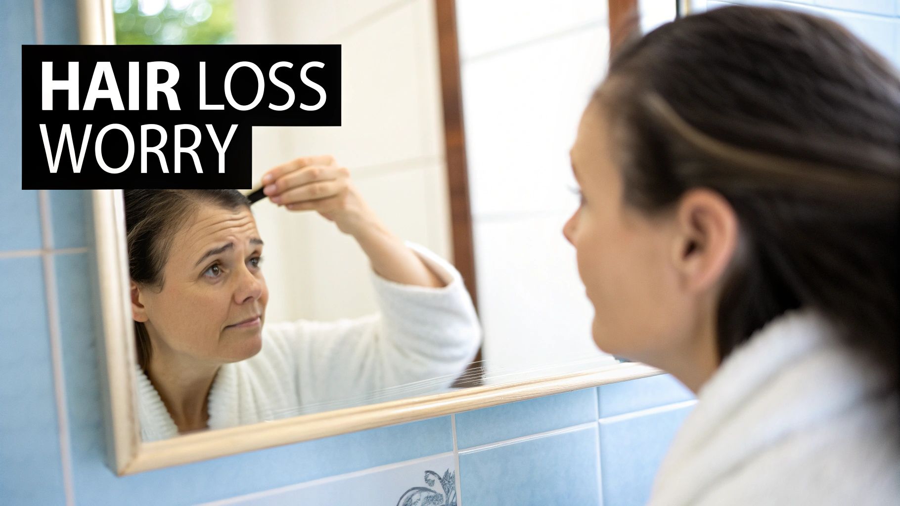 A person looking stressed, with a focus on their hair, symbolizing the link between anxiety and hair loss