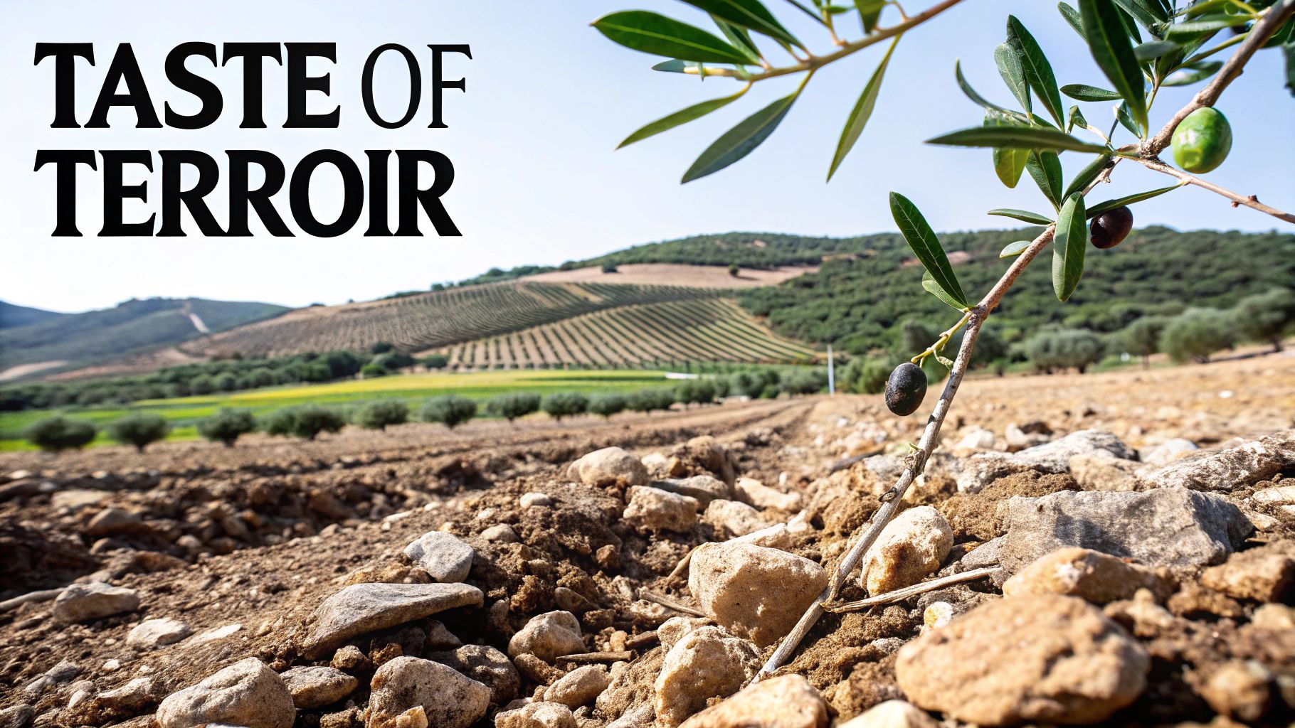 Close-up of an olive branch with ripe olives, rocky soil, and a picturesque olive grove on hills.