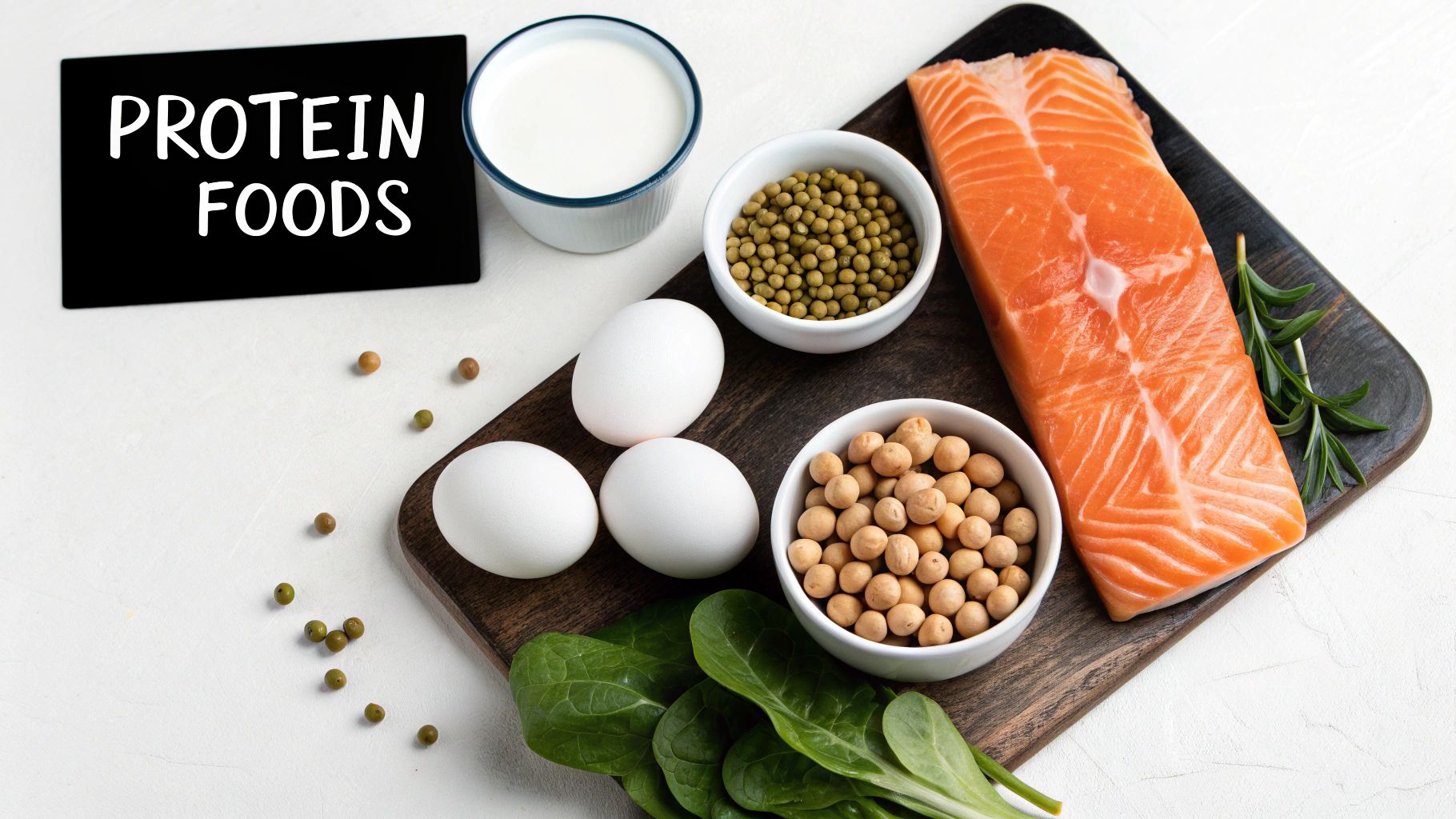 Diverse protein foods: salmon, eggs, milk, legumes, and green vegetables, on a white background.