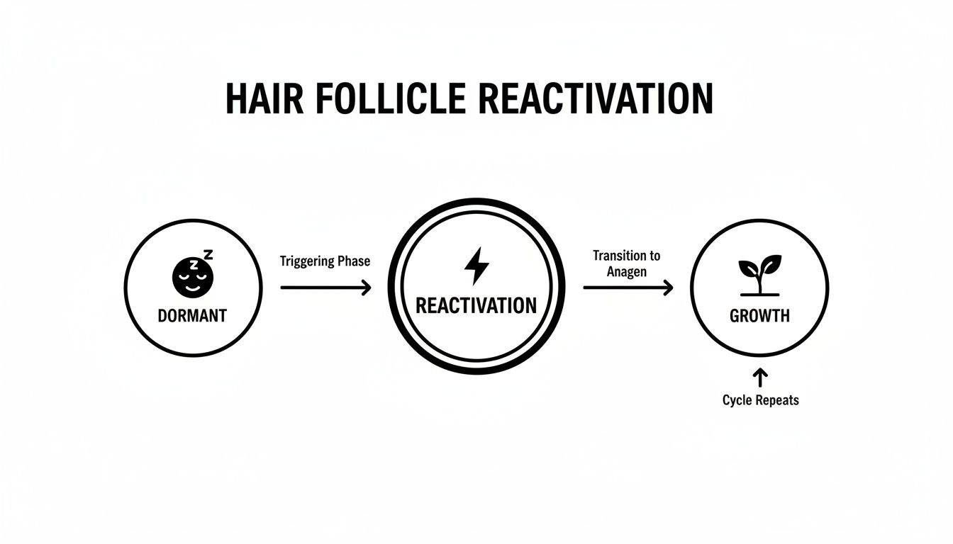 Diagram illustrating hair follicle reactivation: dormant state, triggering phase, reactivation, transition to anagen, and new growth. The cycle repeats.