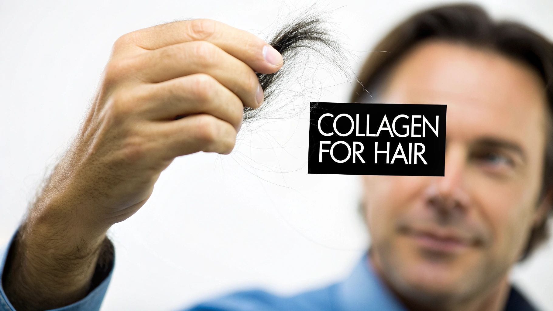 A man holds a clump of hair, with an overlay text 'COLLAGEN FOR HAIR' on a white background.