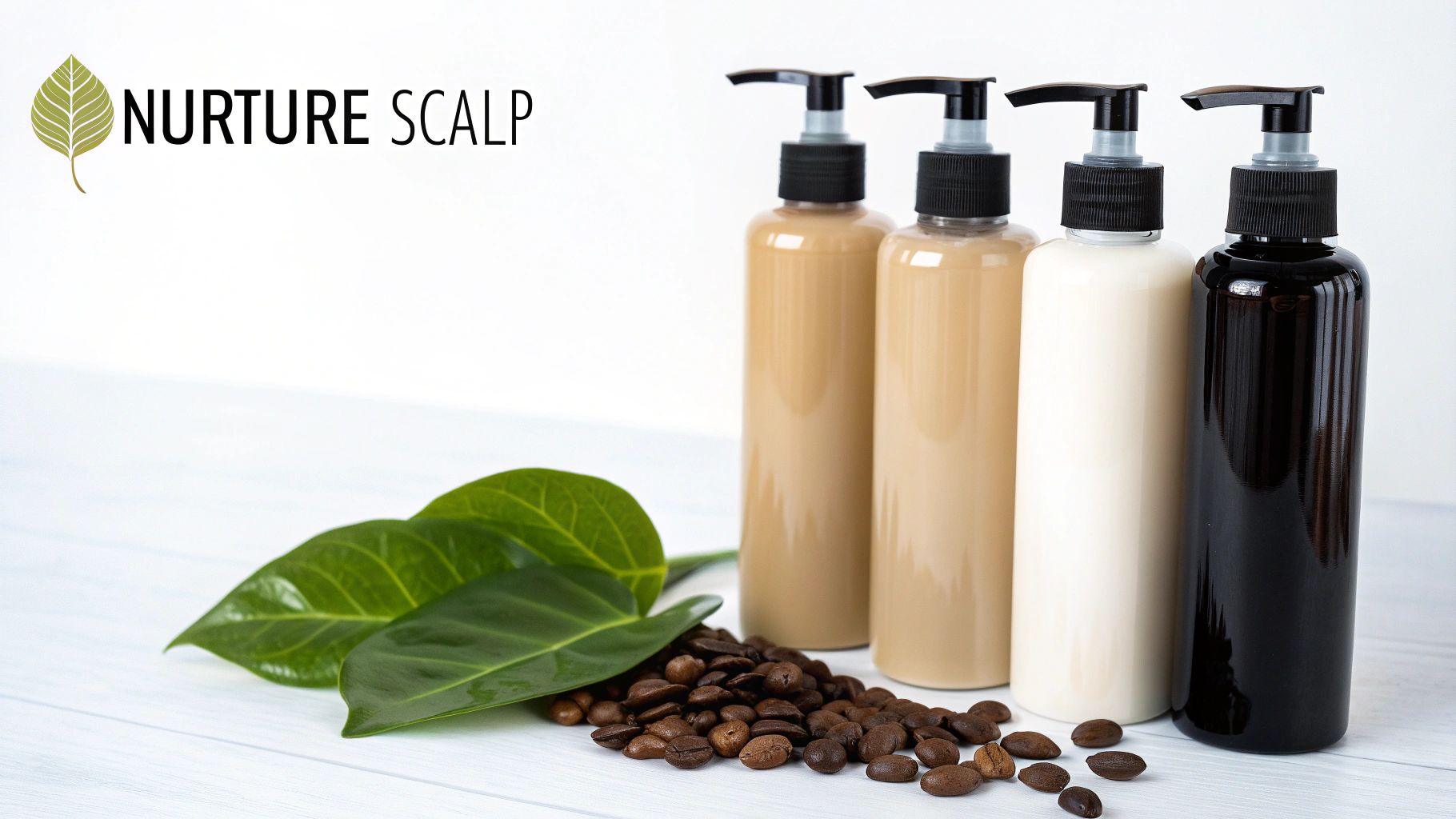 Nurture Scalp brand hair care product bottles with pump dispensers and coffee beans on white surface