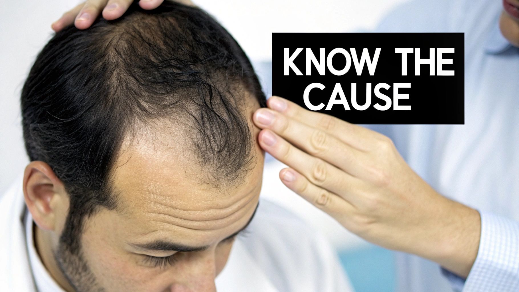 Close-up of a man's balding scalp being examined by a doctor, with text 'KNOW THE CAUSE'.