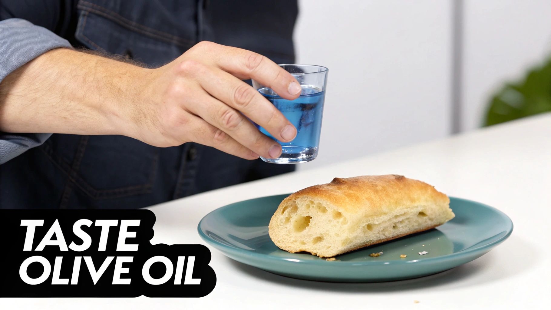 A person holds a glass of blue liquid next to bread on a plate, with "TASTE OLIVE OIL" text.