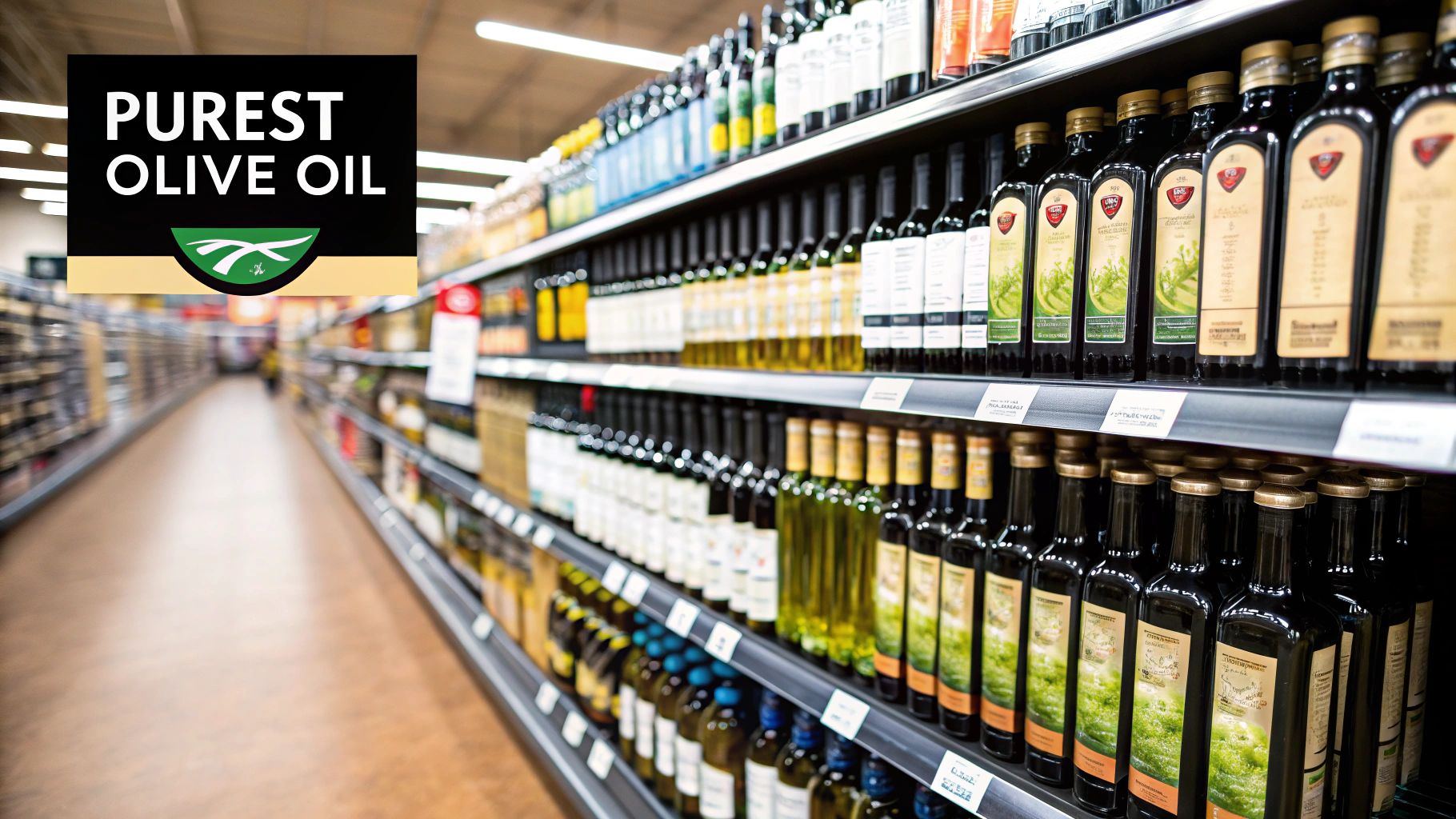 A clear glass bottle of golden extra virgin olive oil next to a bowl of fresh olives.