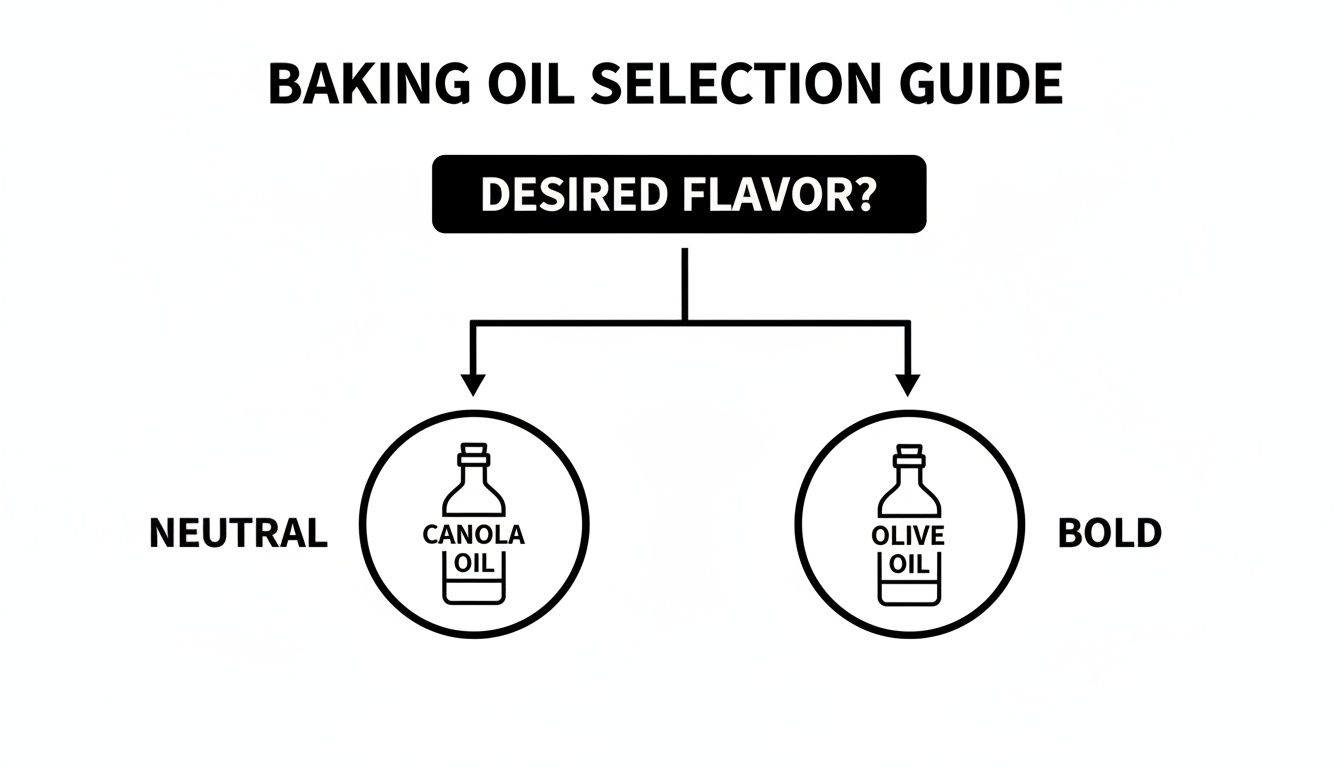 Baking oil selection guide flowchart. Canola oil is recommended for neutral flavor, olive oil for bold flavor.