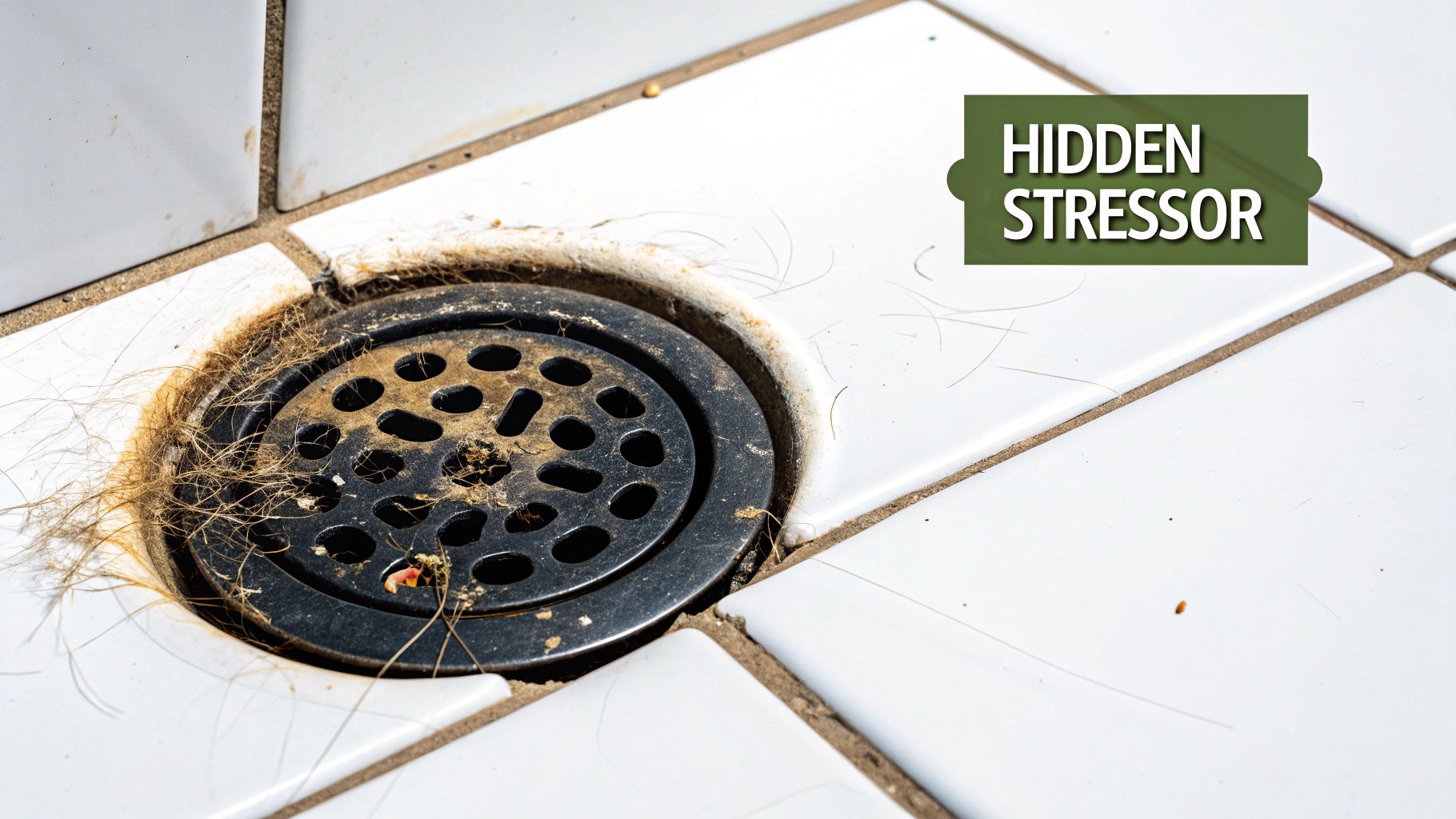 Close-up of a dirty shower drain covered in hair and grime, with text 'HIDDEN STRESSOR'.
