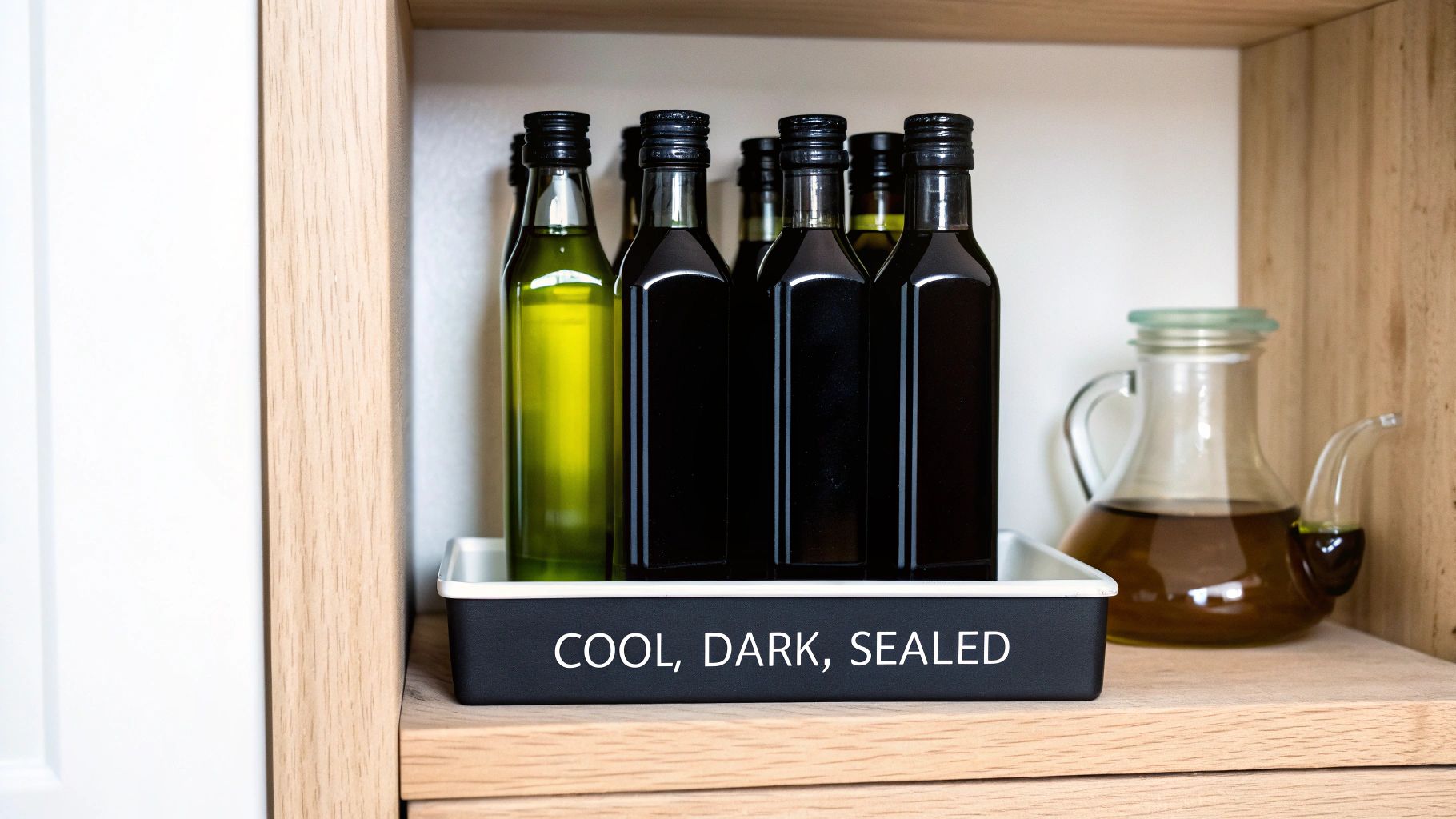 Bottles of olive oil, some in dark glass, stored in a container labeled 'COOL, DARK, SEALED' on a wooden shelf.