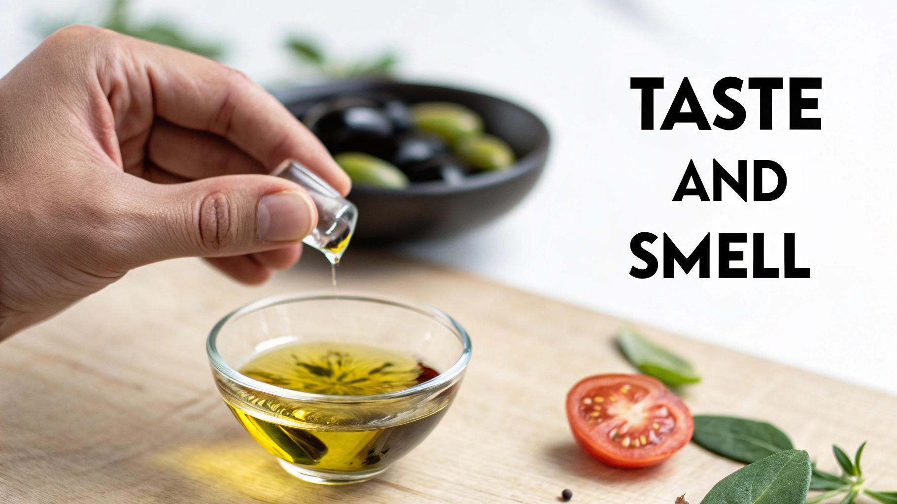 Hand adding drops of first cold pressed extra virgin olive oil to glass bowl for tasting