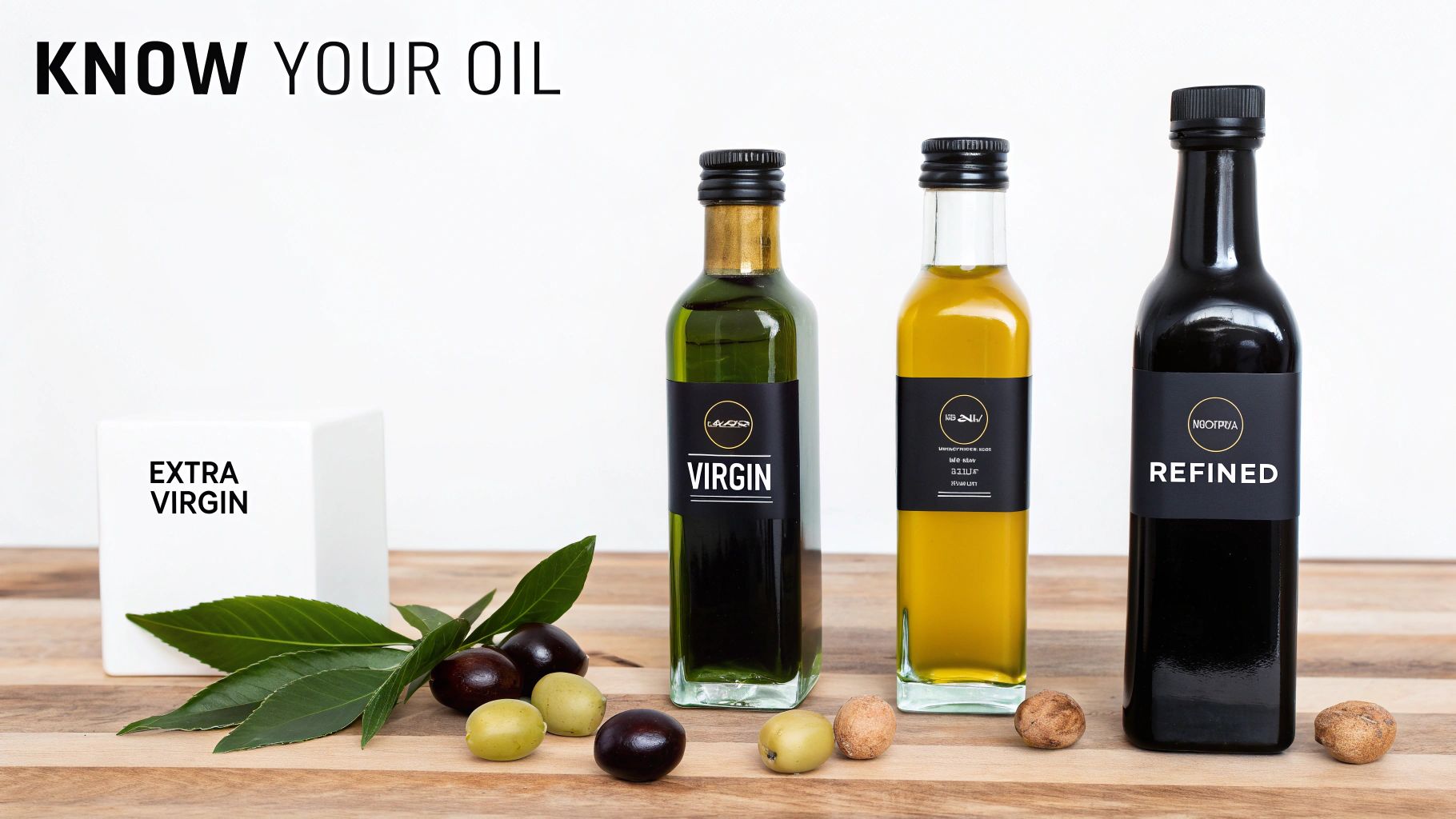 Three bottles of different olive oils (Virgin, Refined) and an 'Extra Virgin' block with olives.