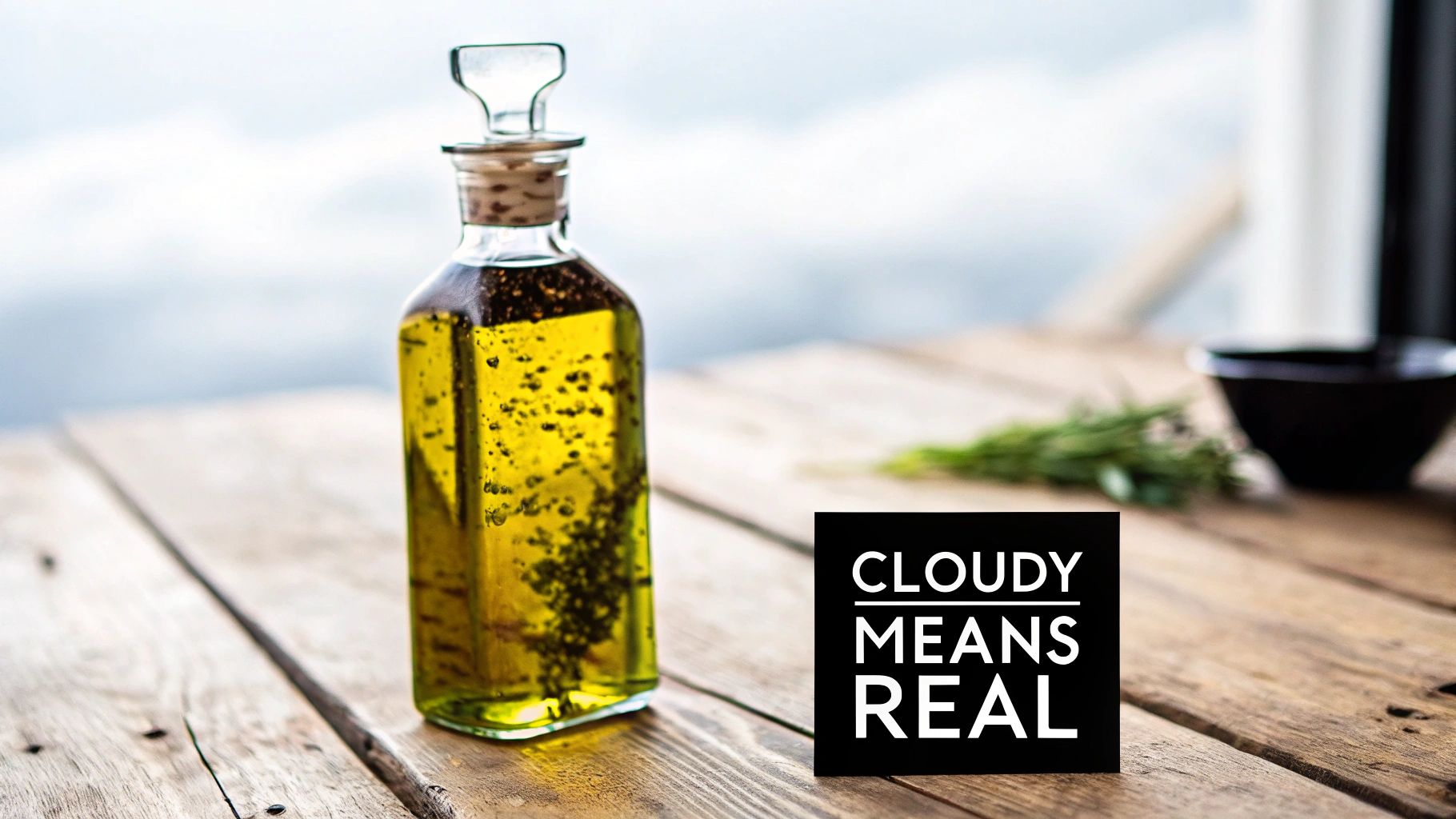 A clear bottle of cloudy, unfiltered olive oil with visible spices on a rustic wooden table.