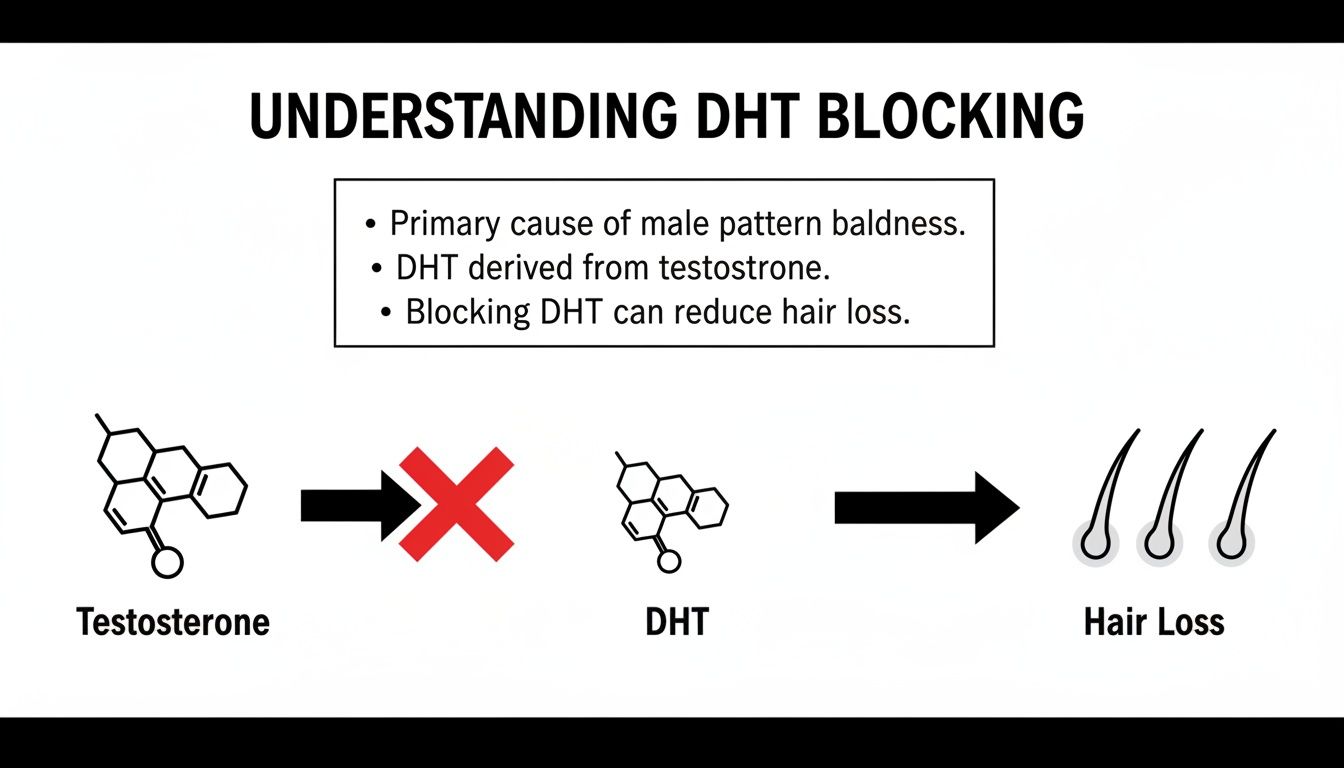 Infographic illustrating the process of DHT blocking to prevent male pattern baldness and hair loss.