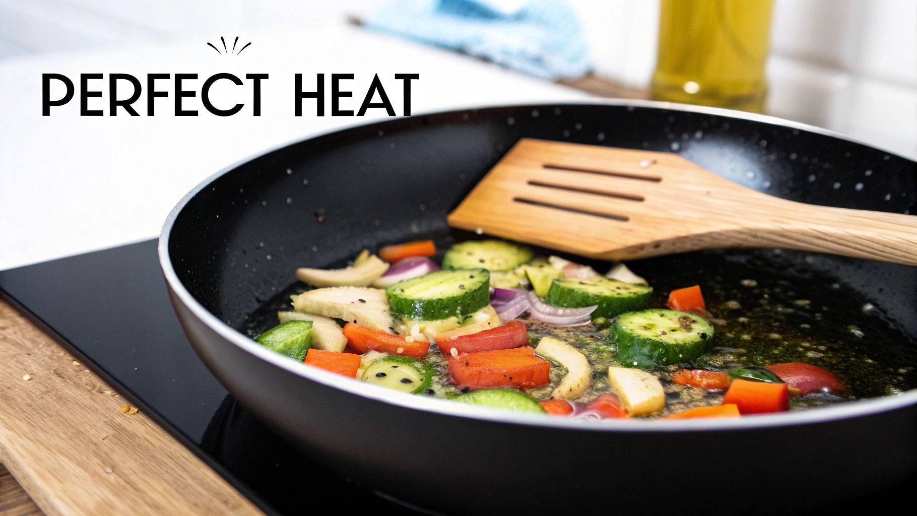 A close-up shot of olive oil being poured into a hot pan, shimmering under the light.