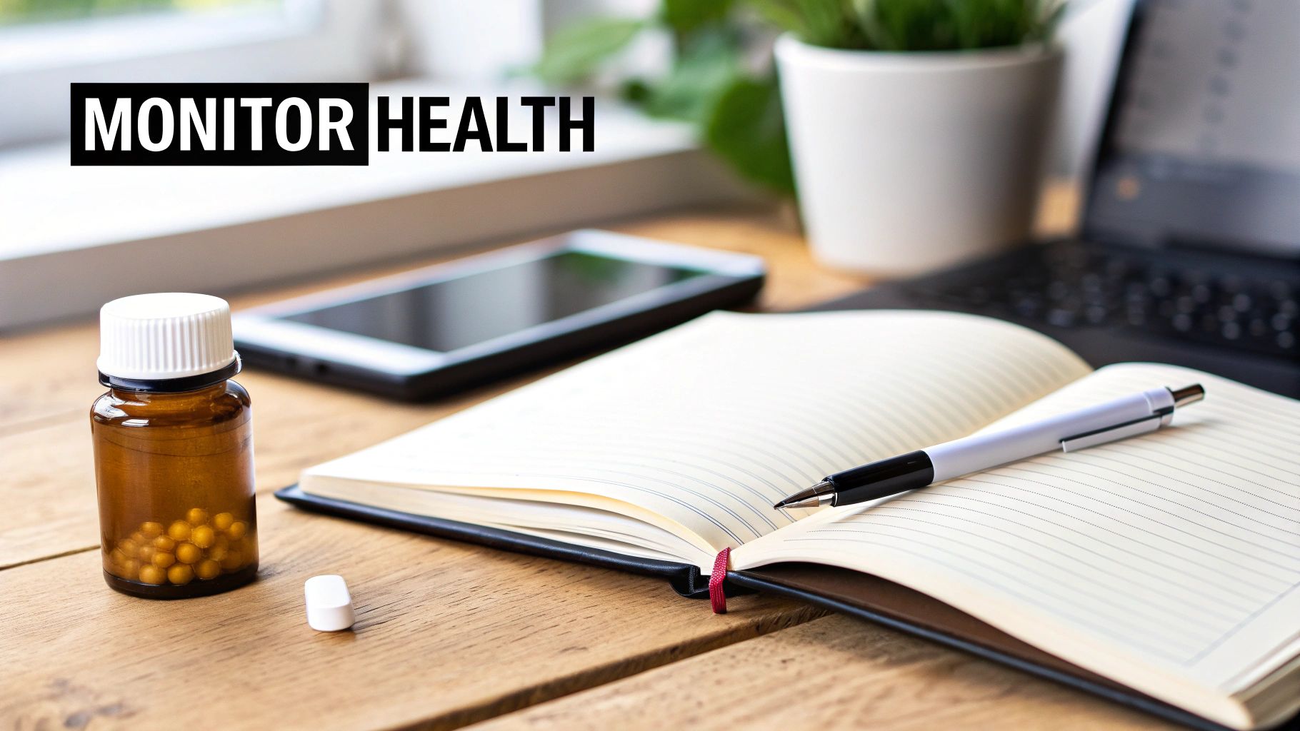 Health monitoring desk setup with medication bottle, notebook, pen, smartphone and plant for tracking treatment