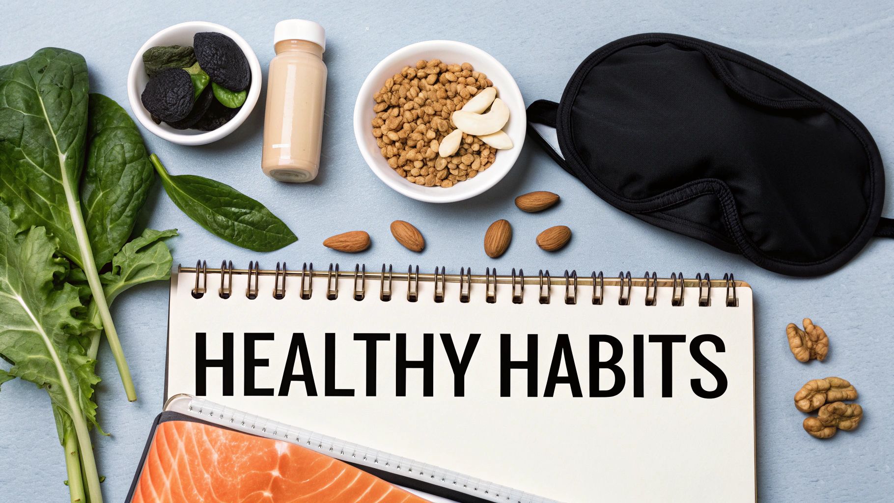 Healthy foods like salmon, avocado, and nuts arranged on a surface.