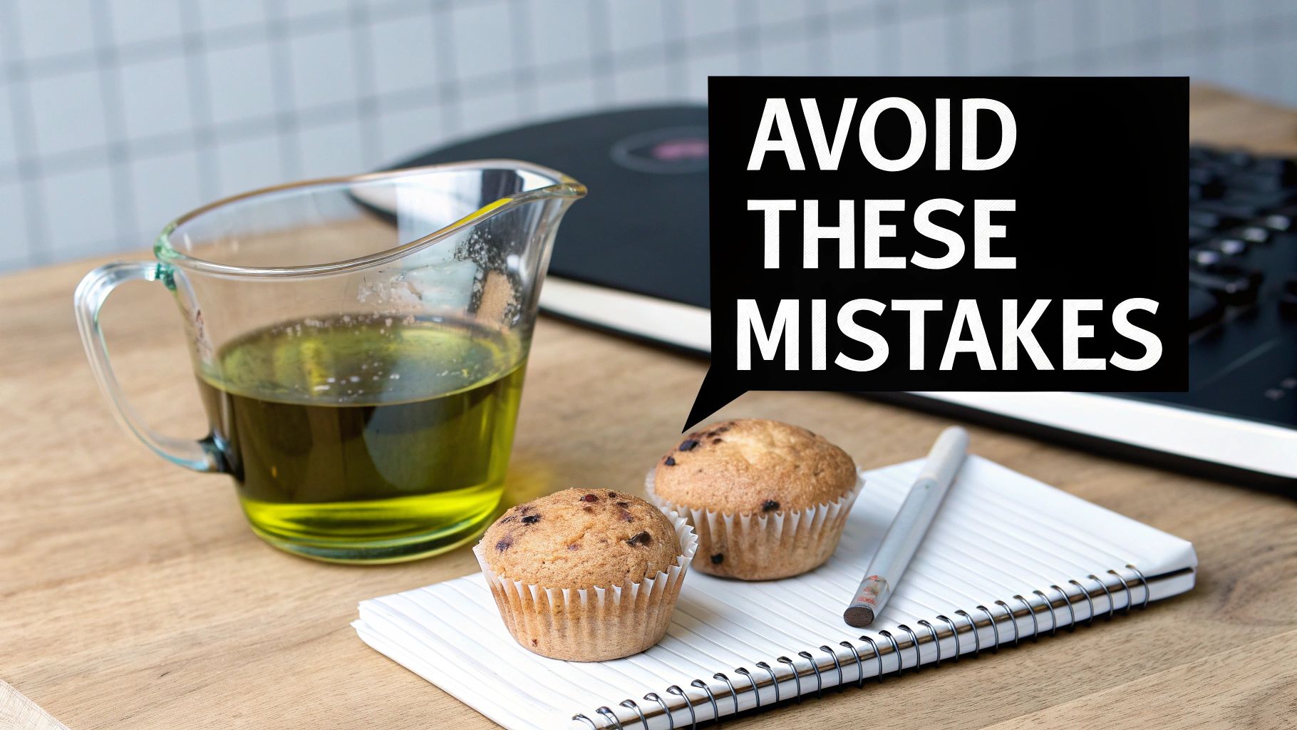 A baking mistake scene with spilled flour, a cracked egg, and a bottle of dark olive oil next to a delicate cake batter.