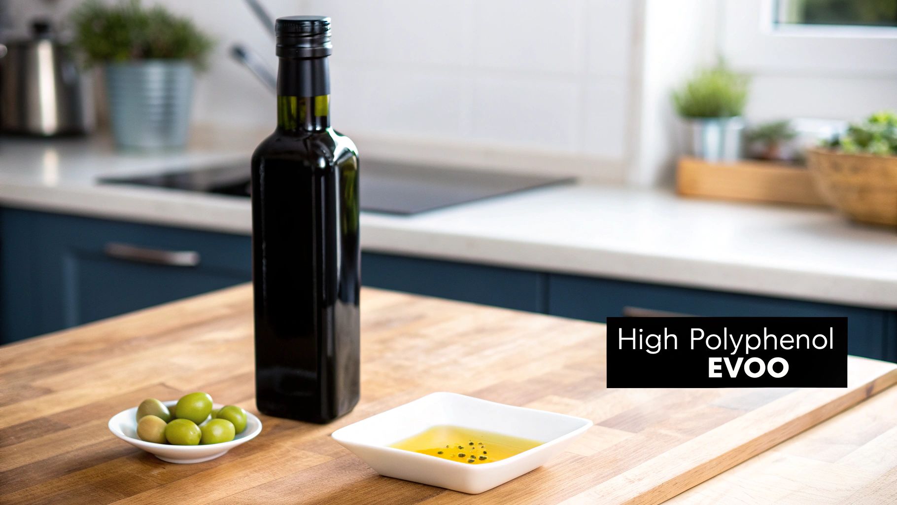 A dark bottle of high polyphenol EVOO, green olives, and olive oil on a wooden kitchen counter.