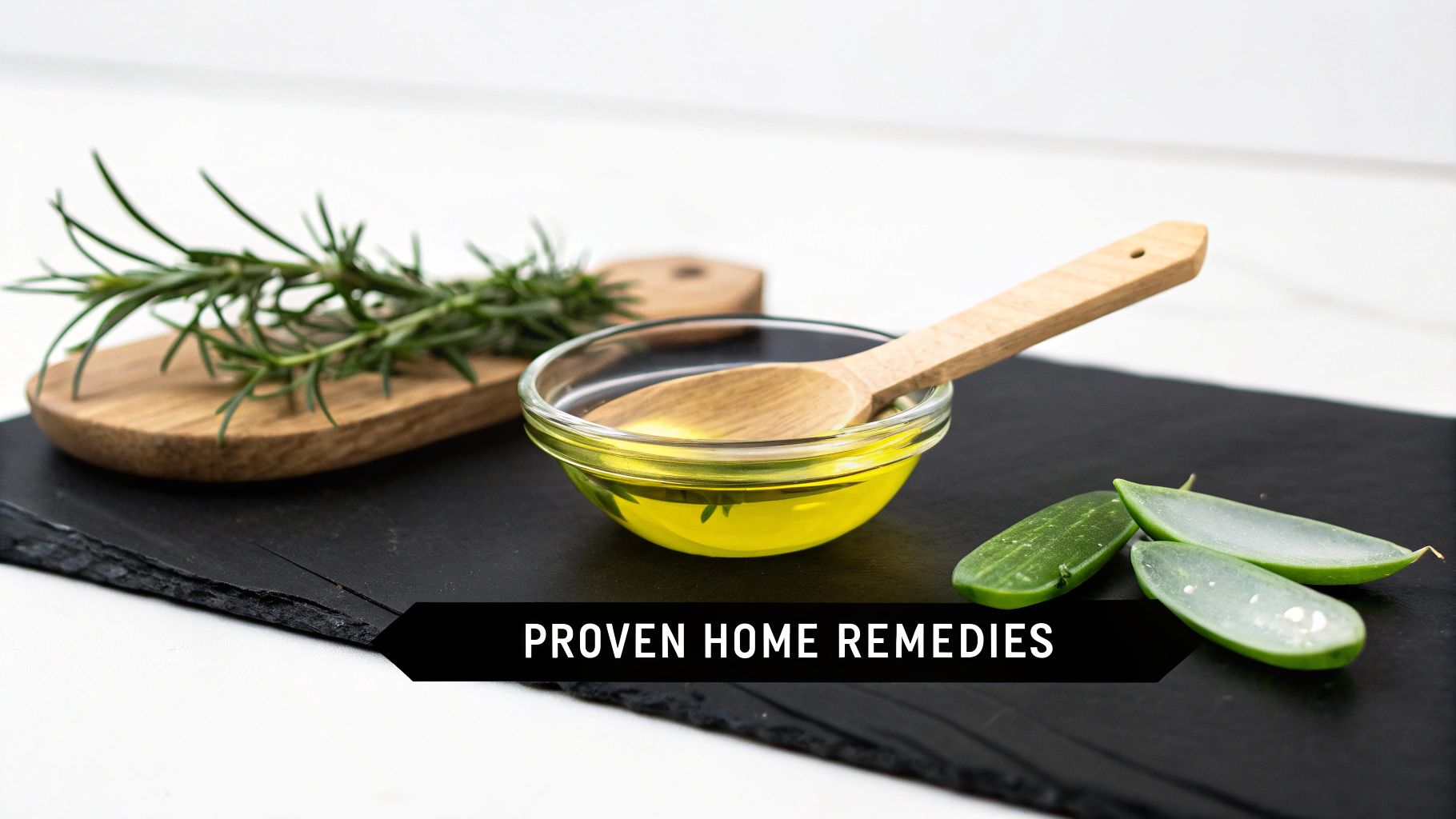 A bottle of rosemary essential oil next to a sprig of fresh rosemary and a dropper, placed on a wooden surface to suggest a natural, homemade remedy.