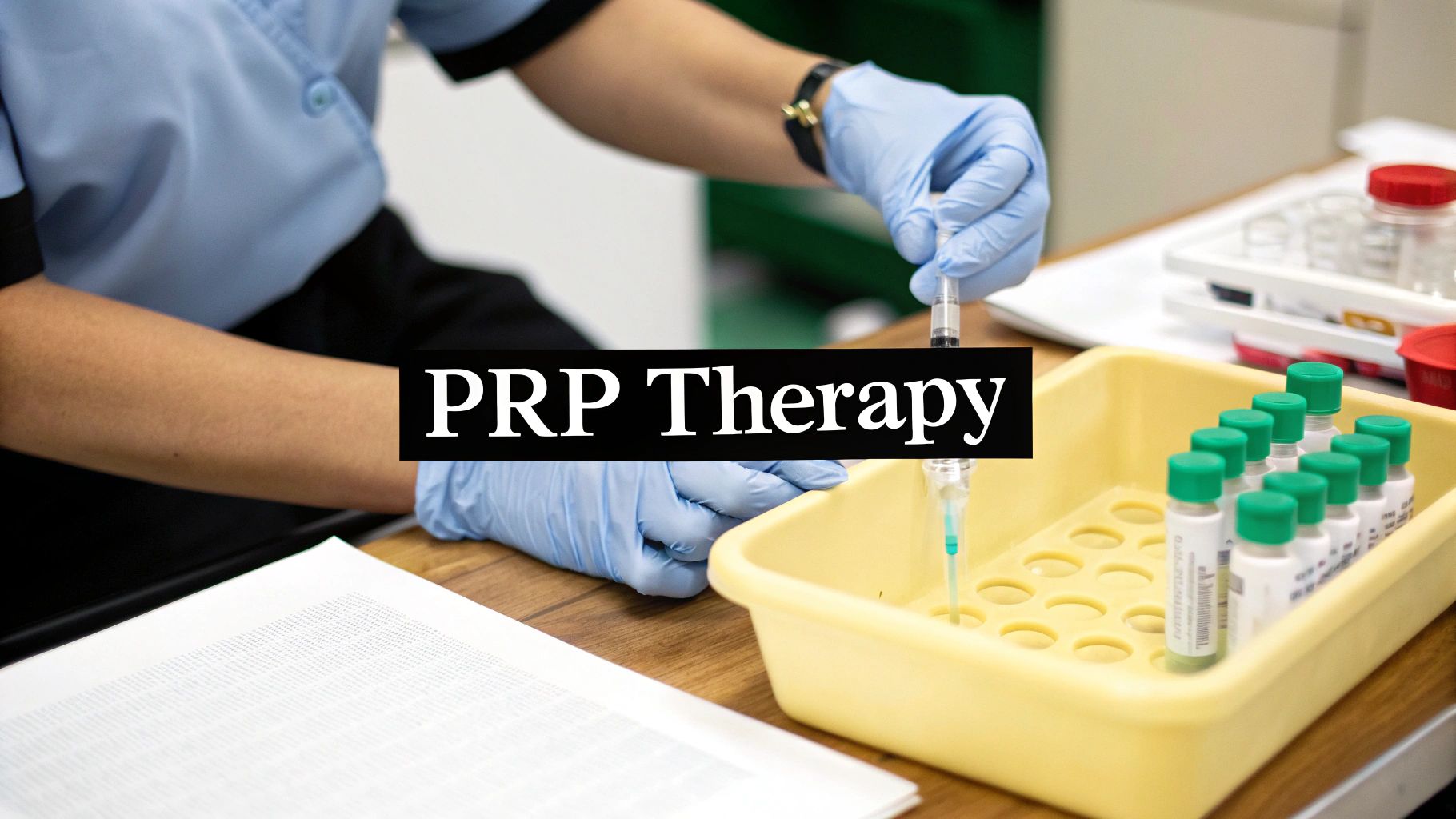 A medical professional in blue gloves preparing a syringe and vials for PRP therapy treatment.