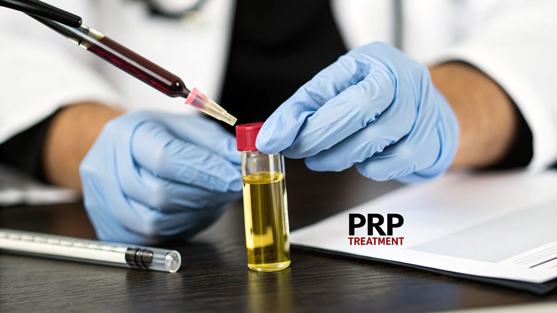 A medical professional in blue gloves preparing PRP by transferring blood into a vial.