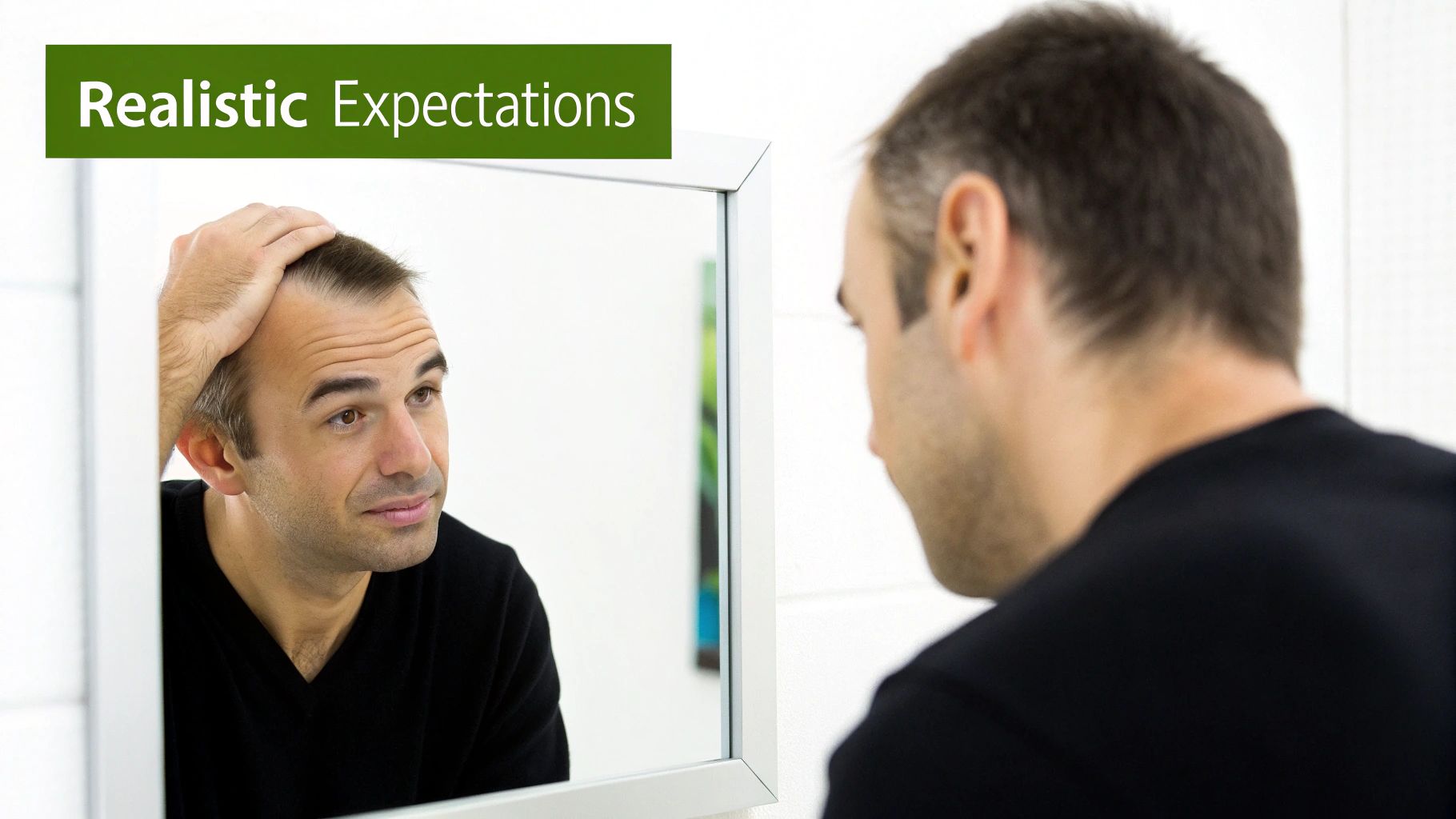 A man in a black shirt looks into a mirror, touching his head and inspecting his hair loss.