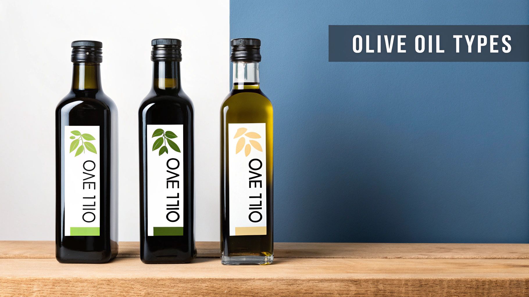 Bottles of different olive oil with labels showing their grades