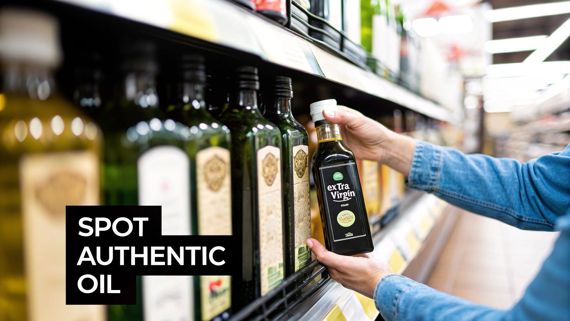 Hands holding a dark bottle of Extra Virgin olive oil on a supermarket shelf with other bottles.