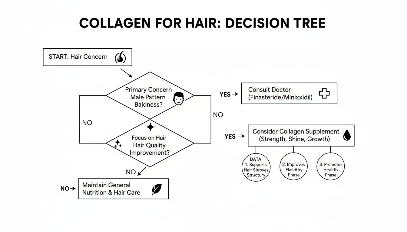 A decision tree flowchart for hair concerns, guiding on collagen use and other treatments.