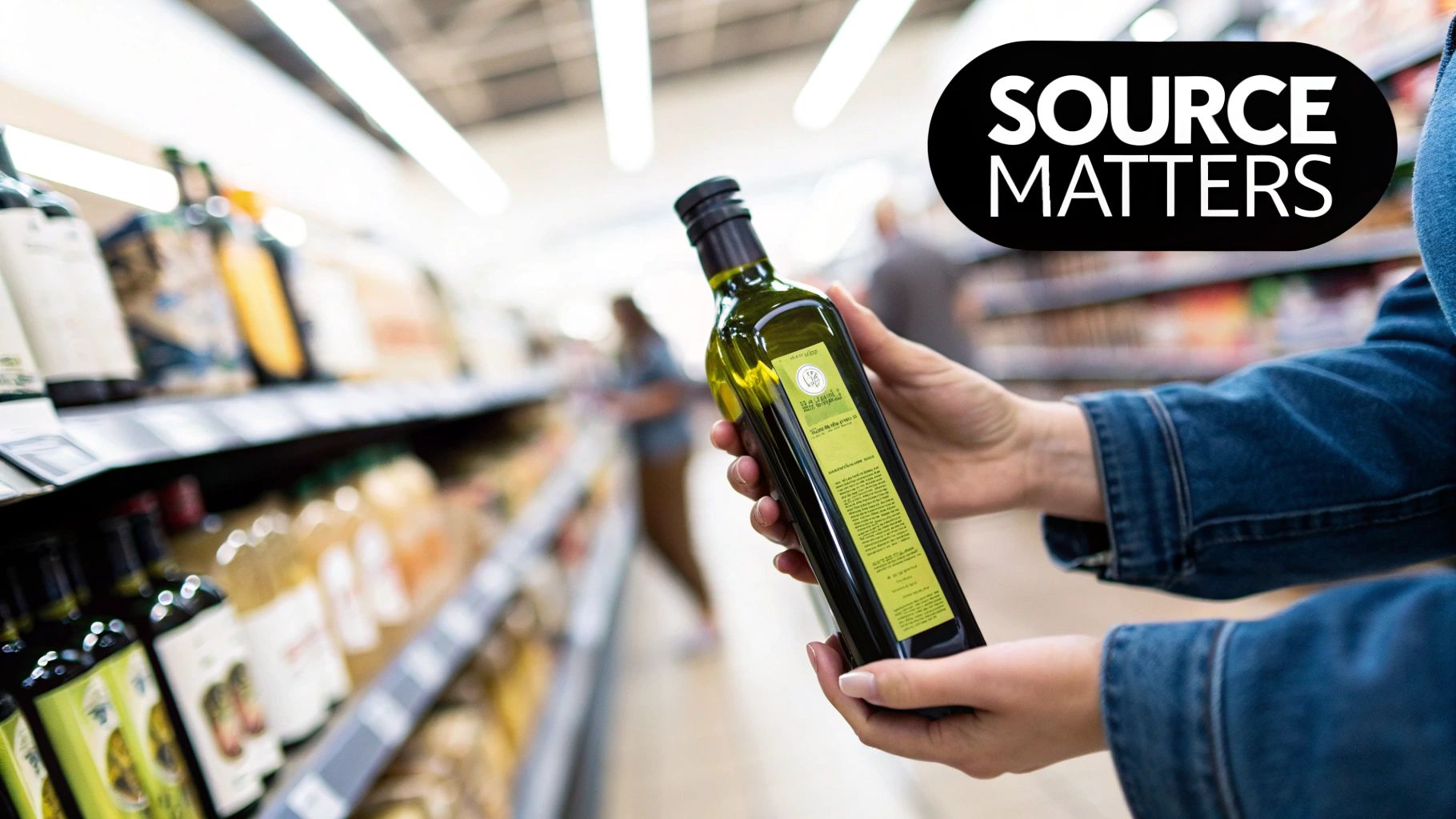 A person holds a green bottle of olive oil in a grocery store aisle, examining the label closely. The text 'SOURCE MATTERS' is overlaid.
