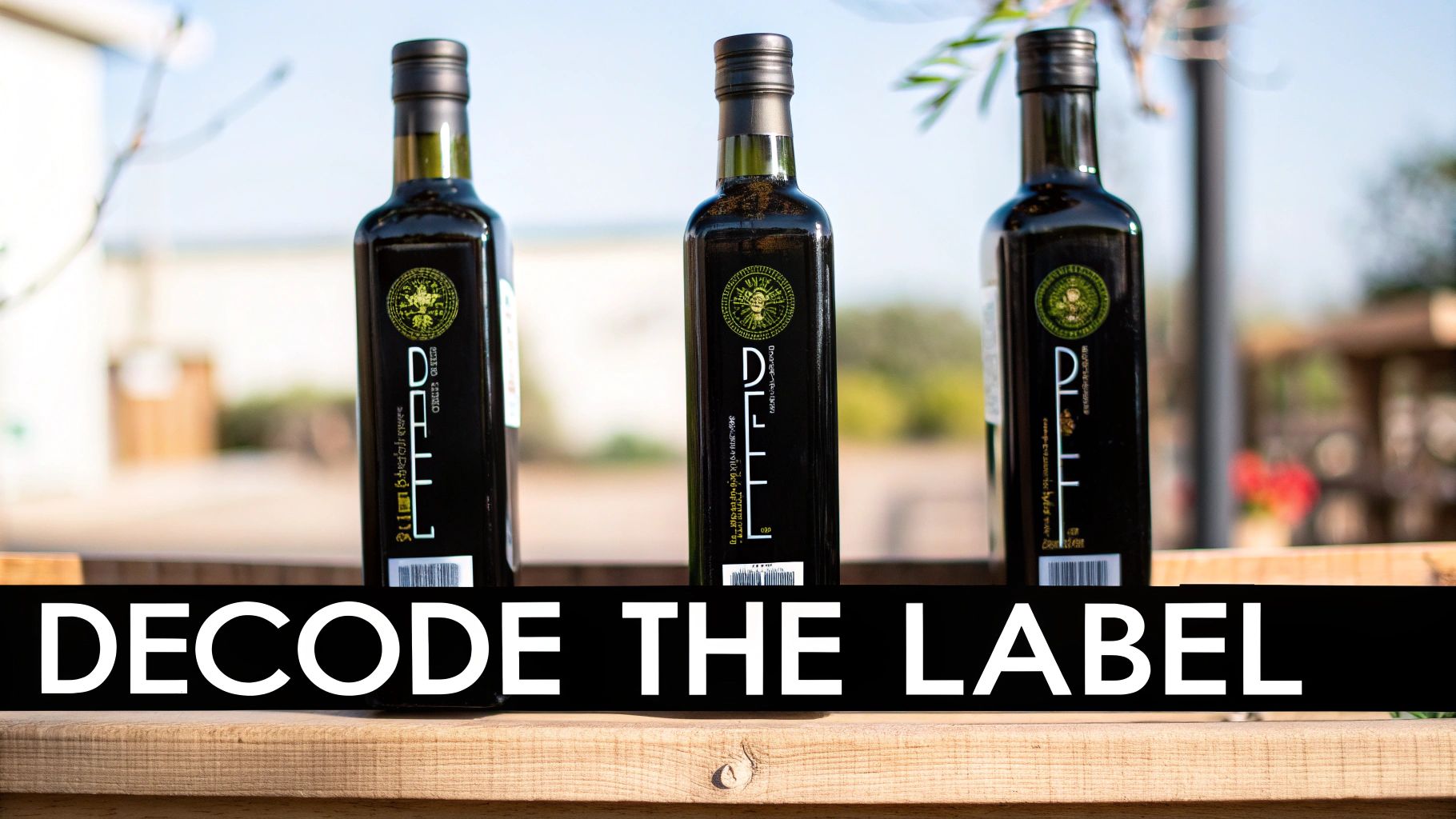 Three dark glass bottles of olive oil with gold labels on a light wooden surface outdoors.