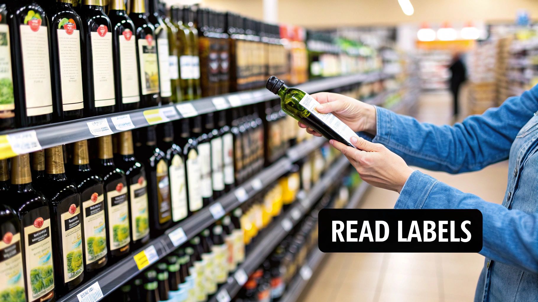 Close-up of an olive oil bottle label showing details like harvest date and origin