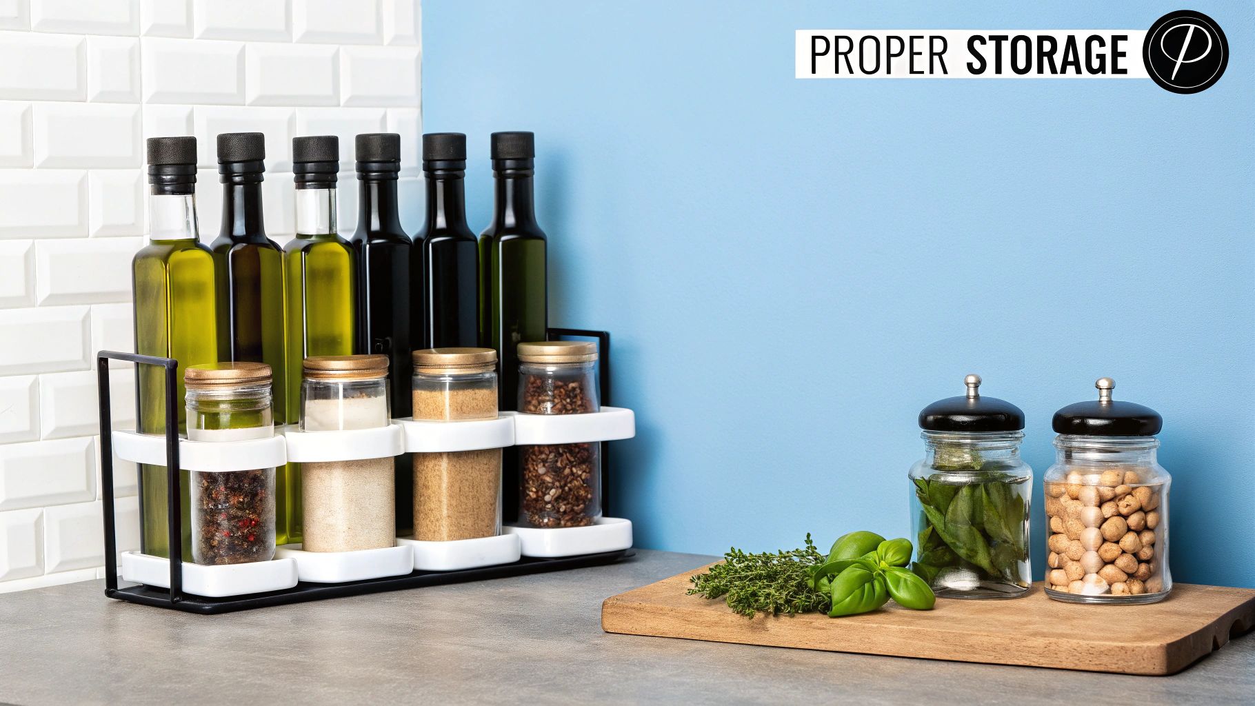 Olive oil bottle stored in a dark pantry next to other kitchen items.