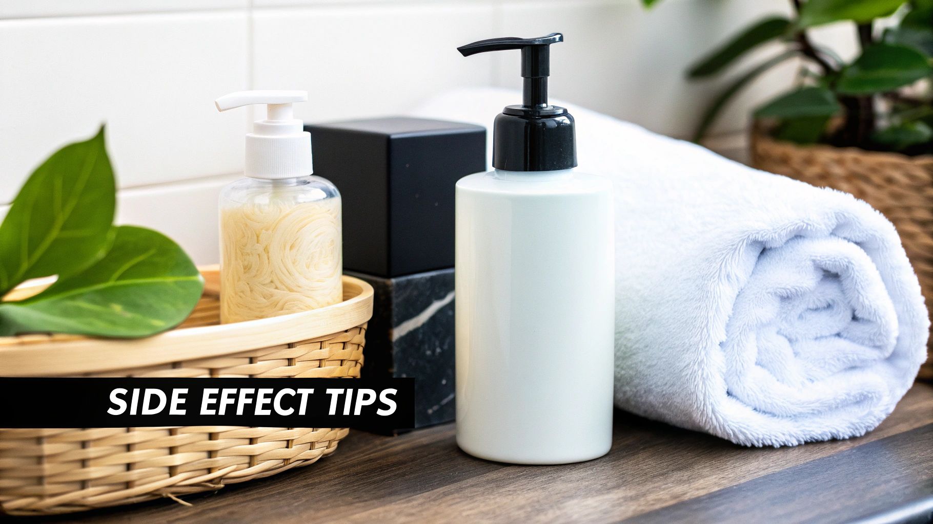 A bathroom countertop with two lotion bottles, a rolled white towel, and green leaves in a basket.