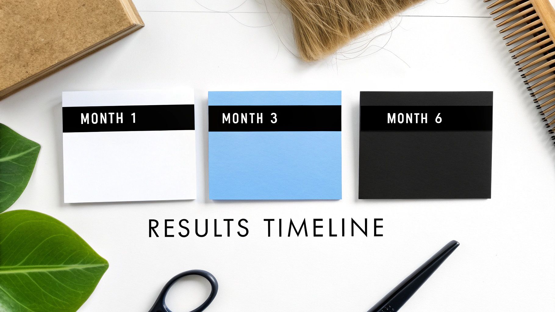 Hair growth results timeline displayed on cards for month 1, month 3, and month 6.