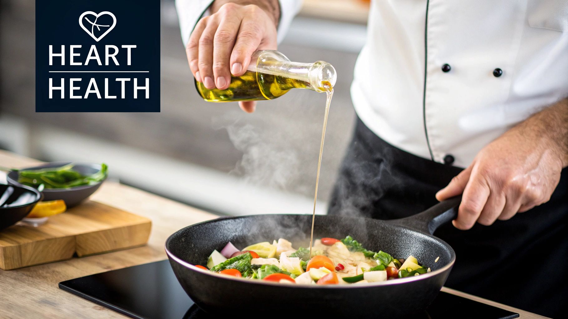 Person sauteing vegetables in a skillet with olive oil.