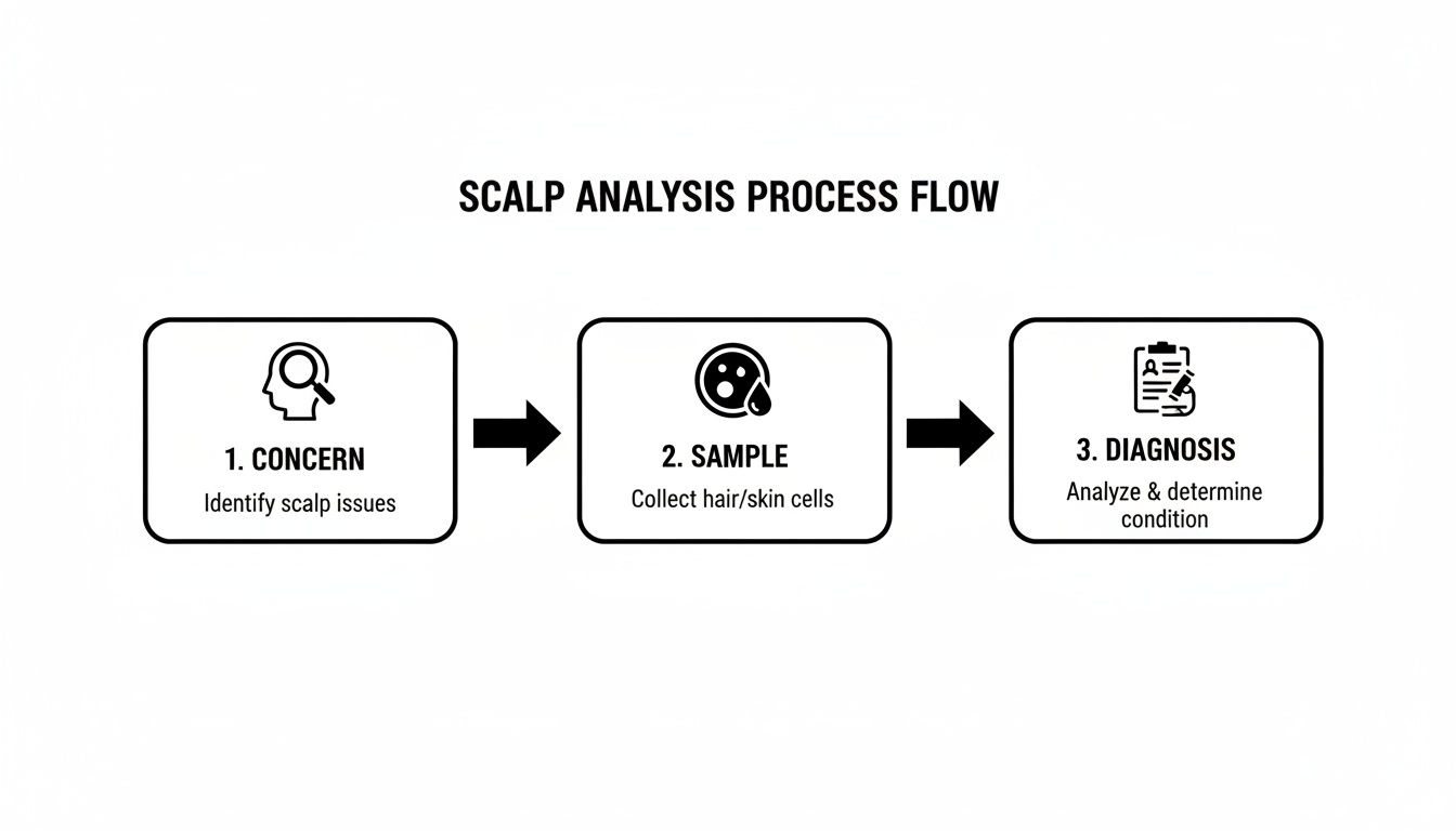 A three-step flowchart illustrating the scalp analysis process: concern, sample collection, and diagnosis.