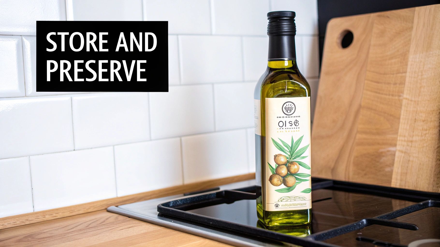 Bottle of extra virgin olive oil on kitchen counter with wooden cutting boards and text store and preserve