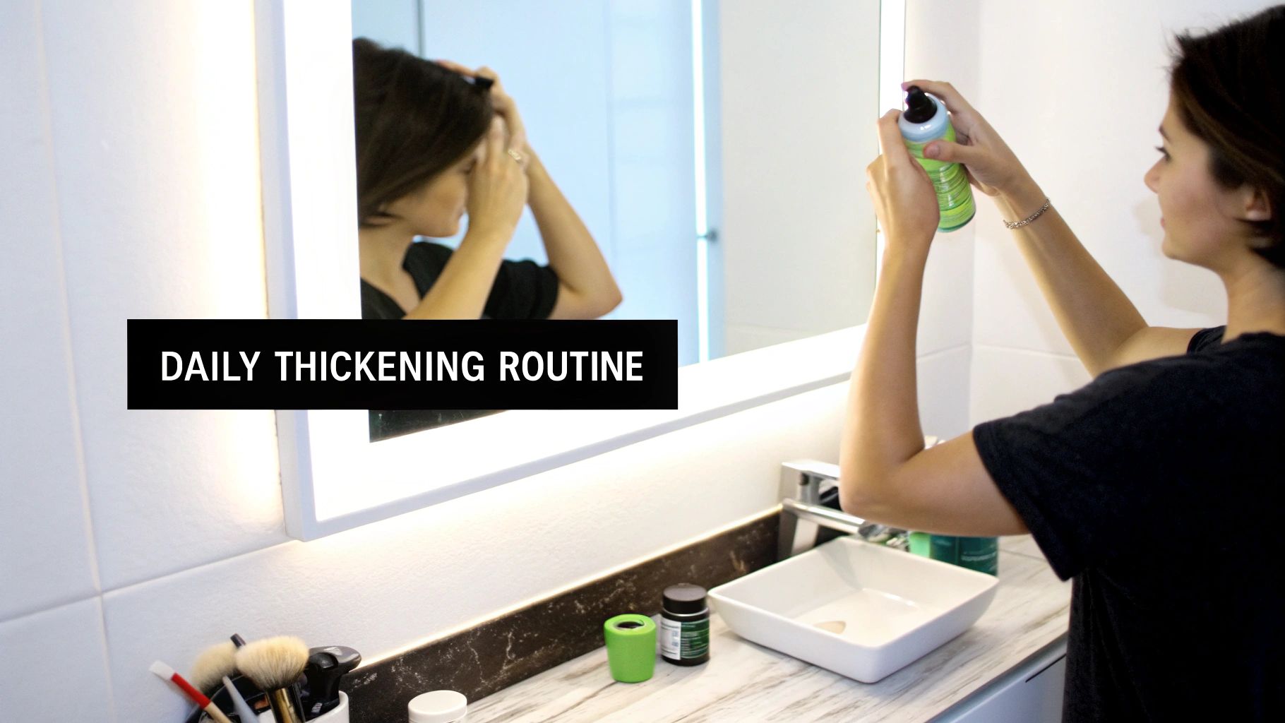 Woman applying hair thickening spray product while looking in bathroom mirror during daily hair care routine