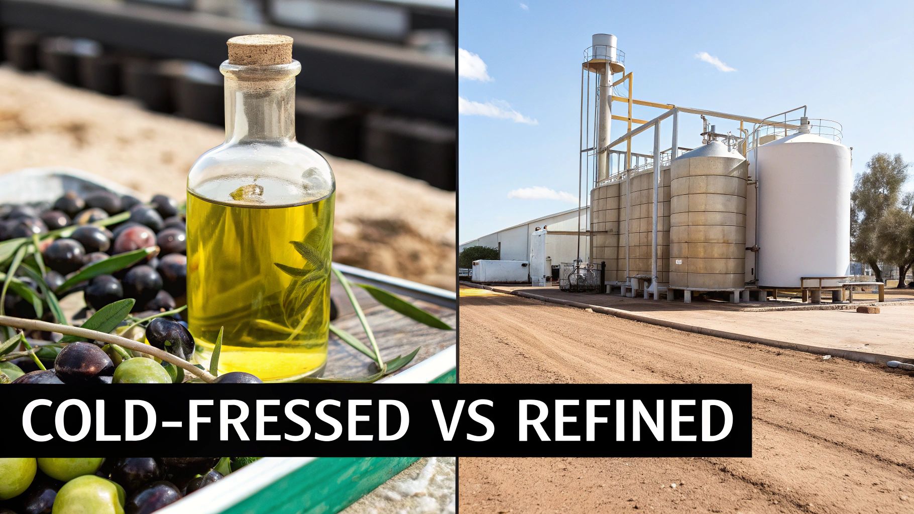 A split image contrasting cold-pressed olive oil with fresh olives and an industrial oil refinery.